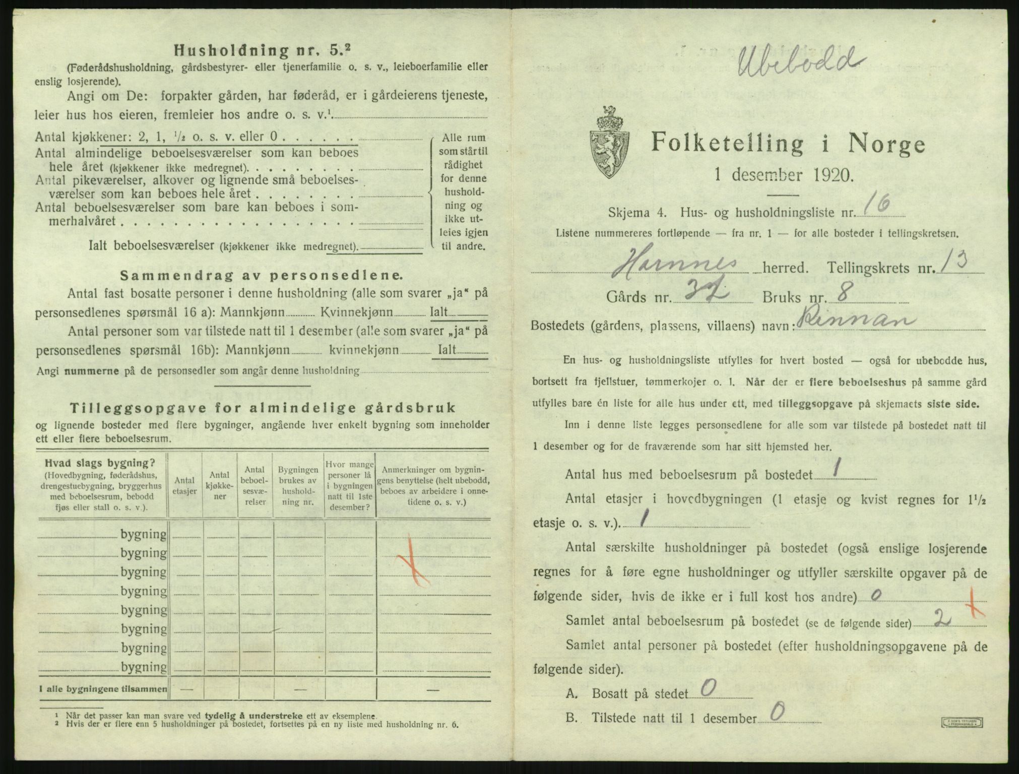 SAK, 1920 census for Hornnes, 1920, p. 535