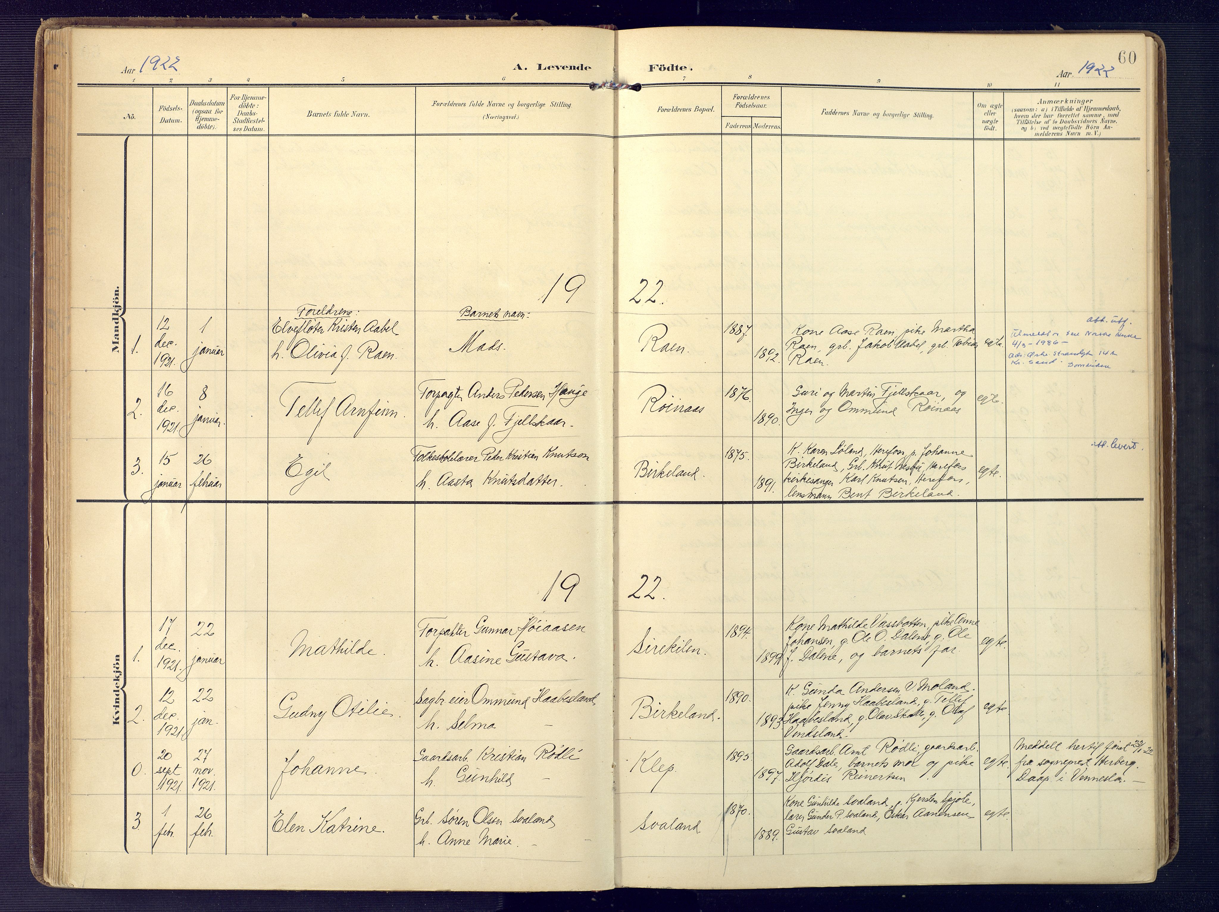 Birkenes sokneprestkontor, SAK/1111-0004/F/Fa/L0006: Parish register (official) no. A 6, 1908-1932, p. 60