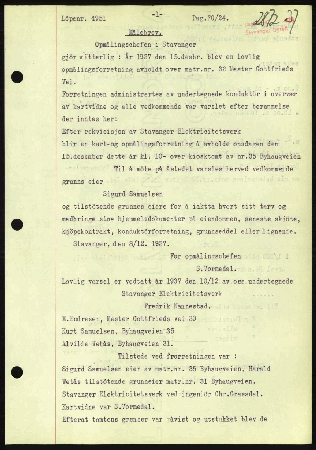 Stavanger byrett, SAST/A-100455/002/G/Gb/L0013: Mortgage book no. A3, 1937-1938, Diary no: : 2872/1937