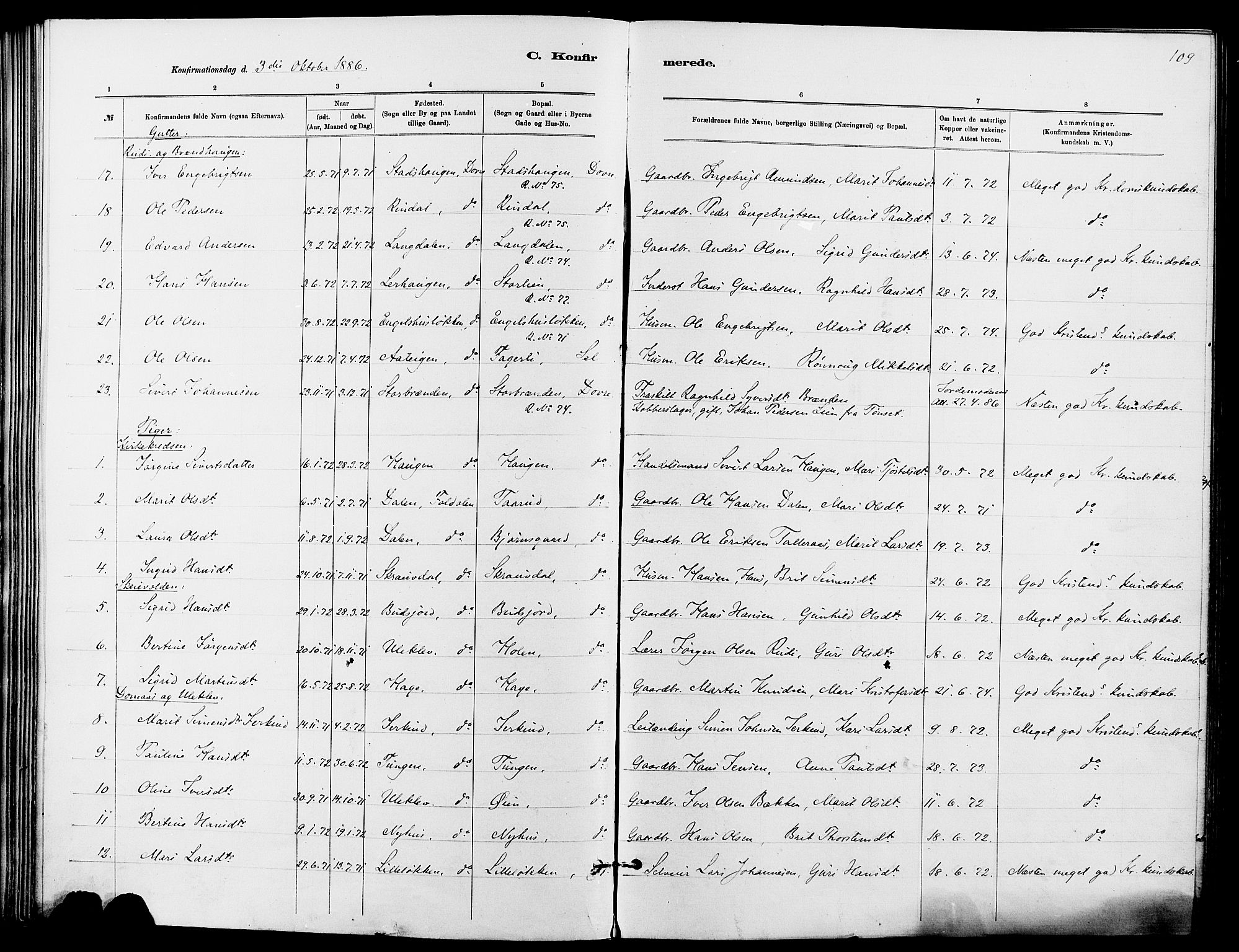 Dovre prestekontor, SAH/PREST-066/H/Ha/Haa/L0002: Parish register (official) no. 2, 1879-1890, p. 109
