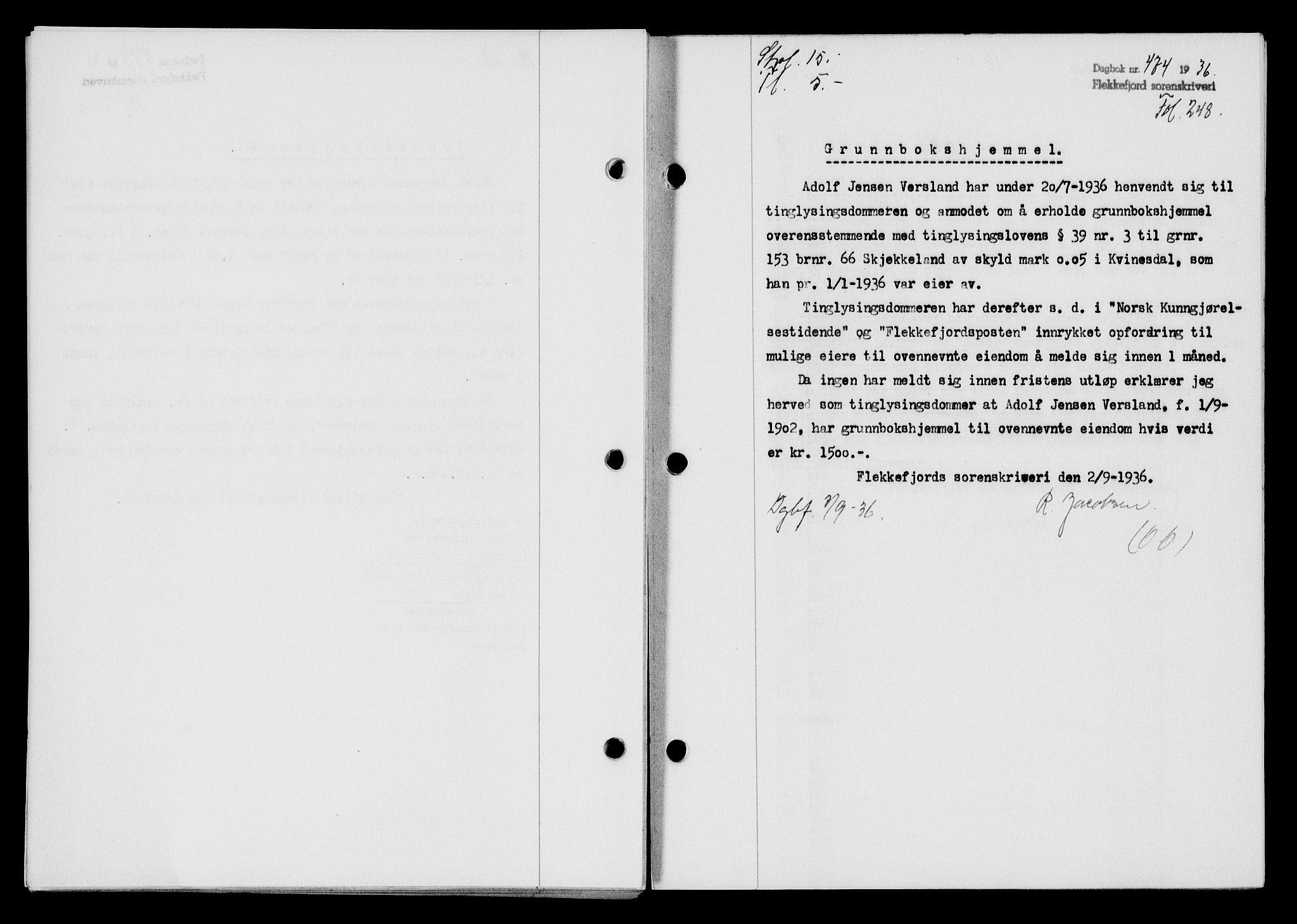 Flekkefjord sorenskriveri, SAK/1221-0001/G/Gb/Gba/L0053: Mortgage book no. A-1, 1936-1937, Diary no: : 474/1936