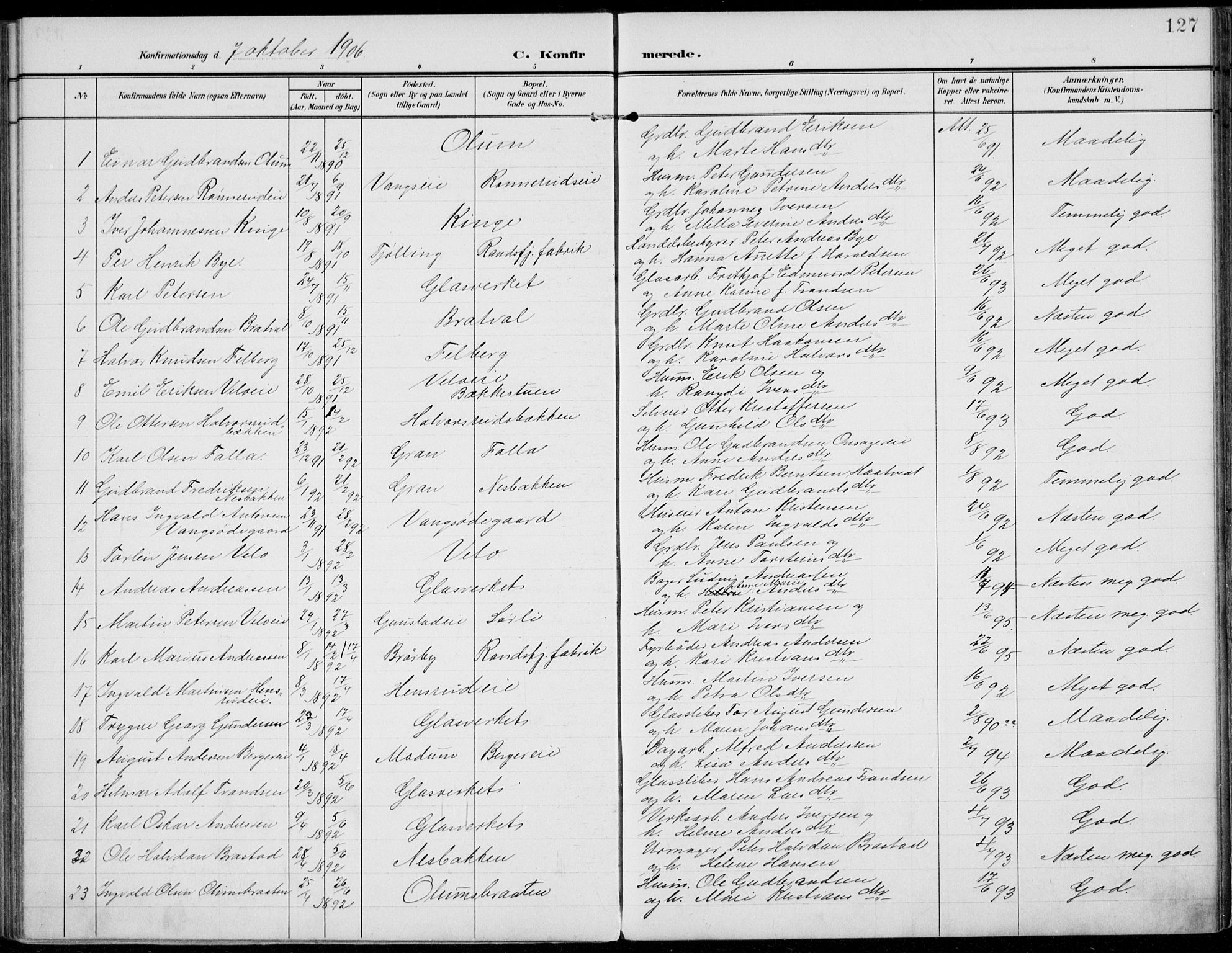 Jevnaker prestekontor, AV/SAH-PREST-116/H/Ha/Haa/L0011: Parish register (official) no. 11, 1902-1913, p. 127