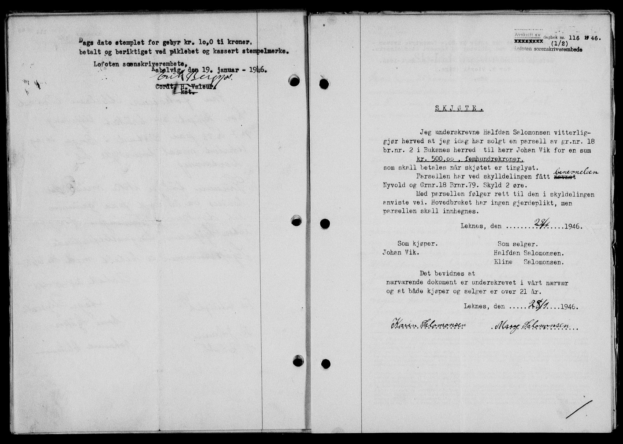 Lofoten sorenskriveri, SAT/A-0017/1/2/2C/L0013a: Mortgage book no. 13a, 1944-1946, Diary no: : 116/1946