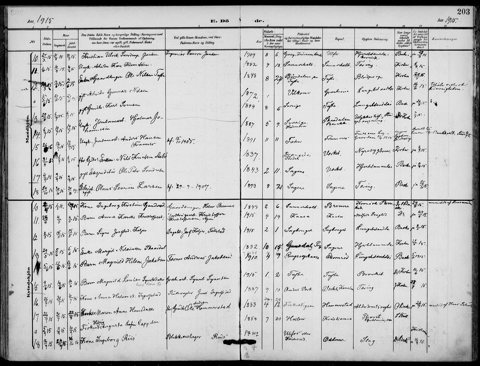 Holla kirkebøker, SAKO/A-272/F/Fa/L0012: Parish register (official) no. 12, 1907-1923, p. 203