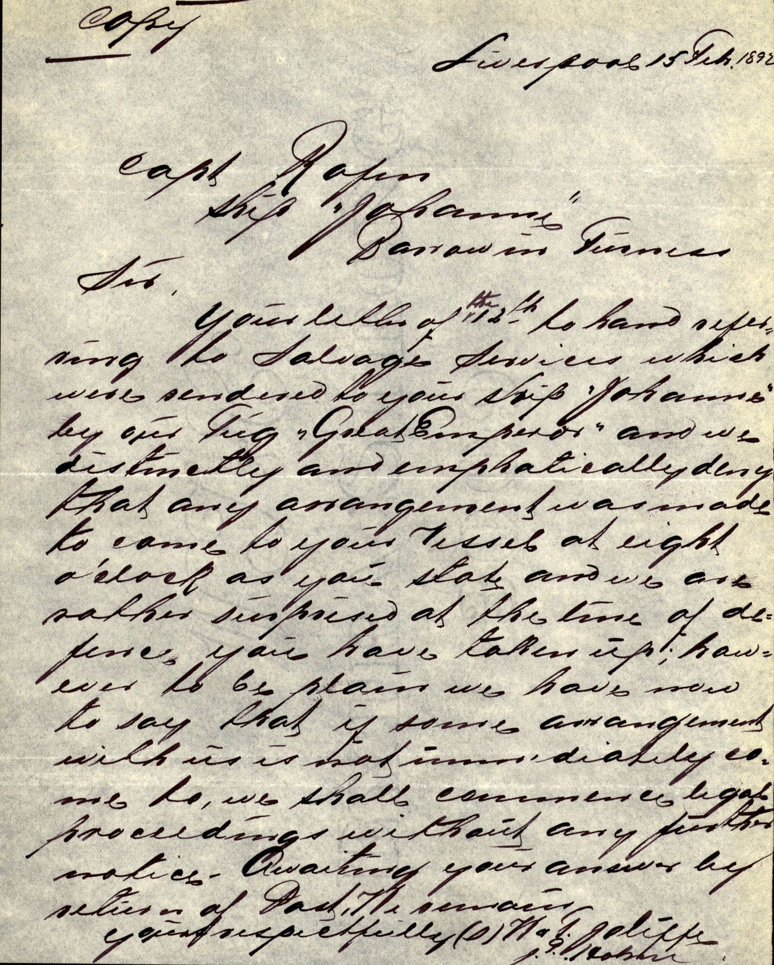 Pa 63 - Østlandske skibsassuranceforening, VEMU/A-1079/G/Ga/L0029/0002: Havaridokumenter / Johanne, Ocean, Capella, Columbus, Castro, 1892, p. 4