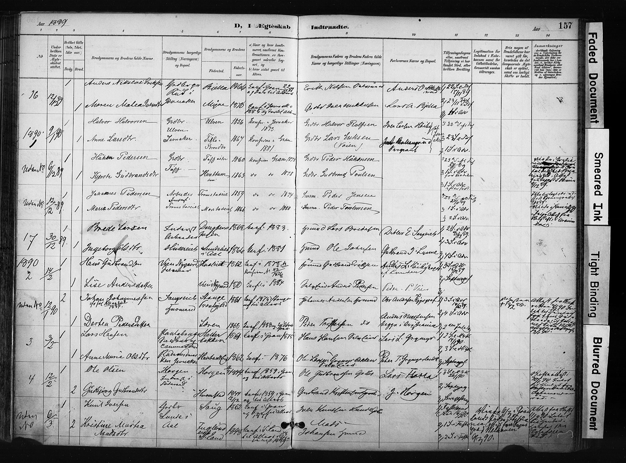 Gran prestekontor, SAH/PREST-112/H/Ha/Haa/L0017: Parish register (official) no. 17, 1889-1897, p. 157