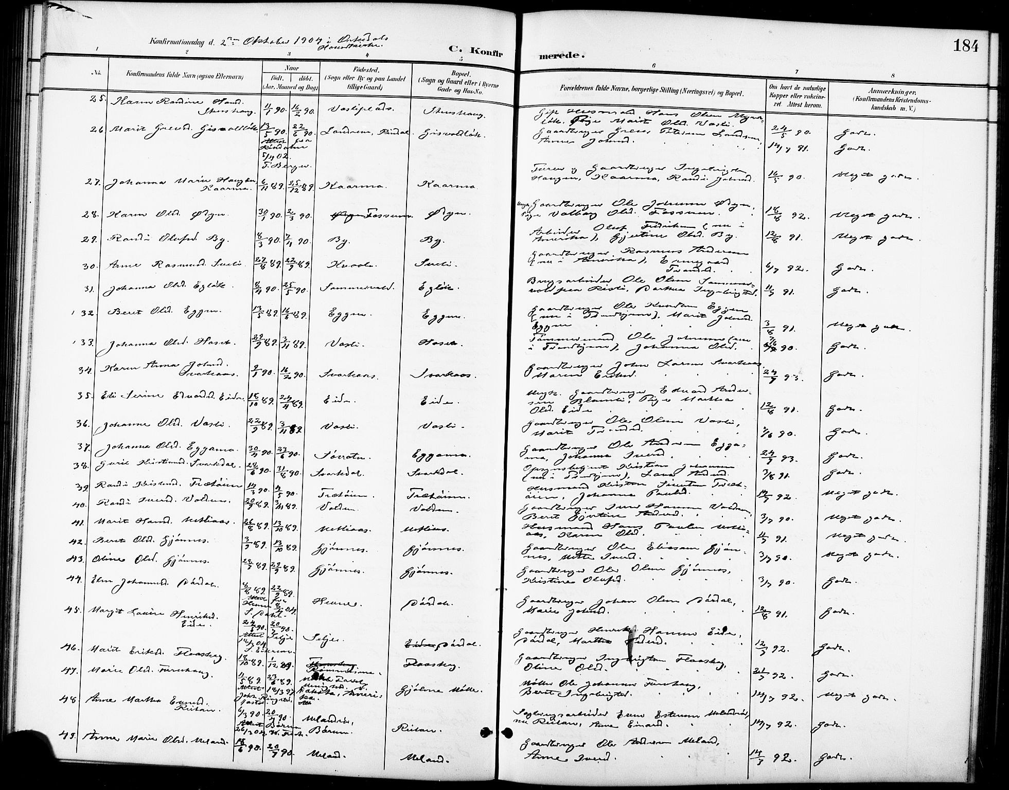 Ministerialprotokoller, klokkerbøker og fødselsregistre - Sør-Trøndelag, SAT/A-1456/668/L0819: Parish register (copy) no. 668C08, 1899-1912, p. 184