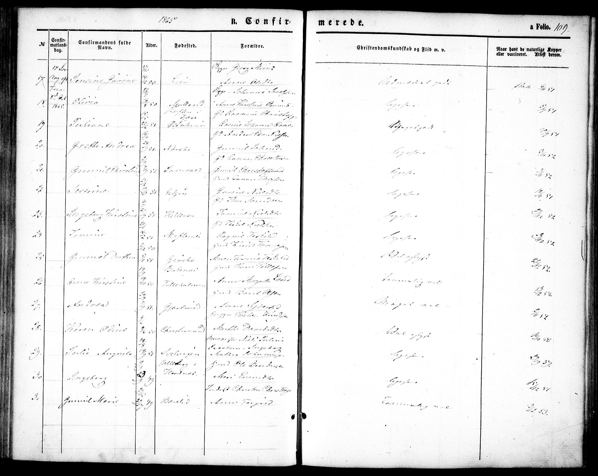 Hommedal sokneprestkontor, AV/SAK-1111-0023/F/Fa/Fab/L0005: Parish register (official) no. A 5, 1861-1877, p. 109