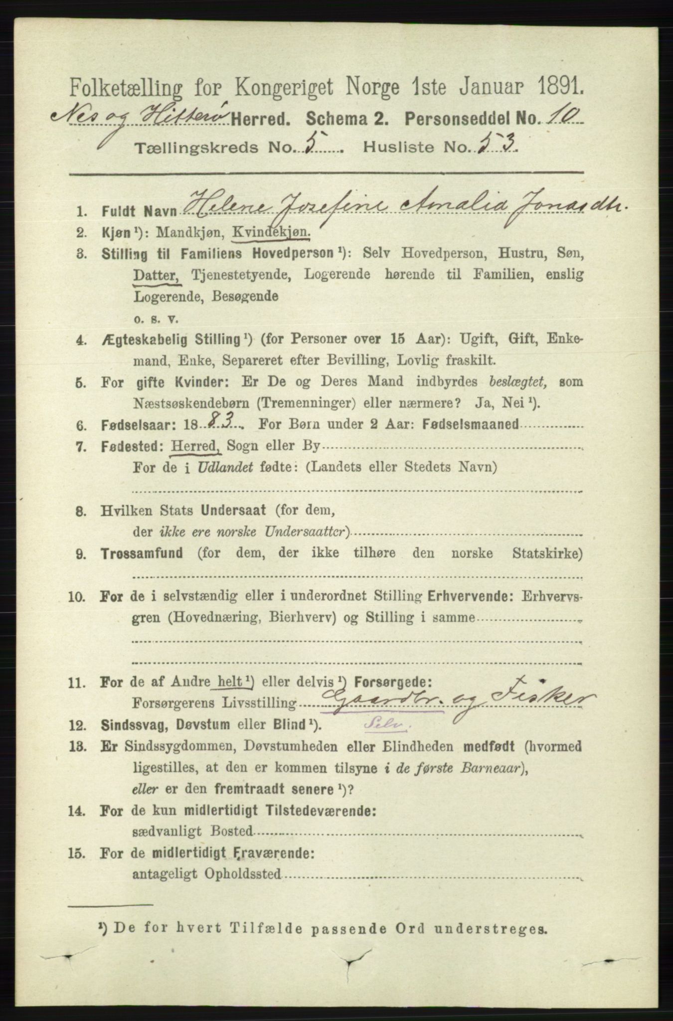 RA, 1891 census for 1043 Hidra og Nes, 1891, p. 2124