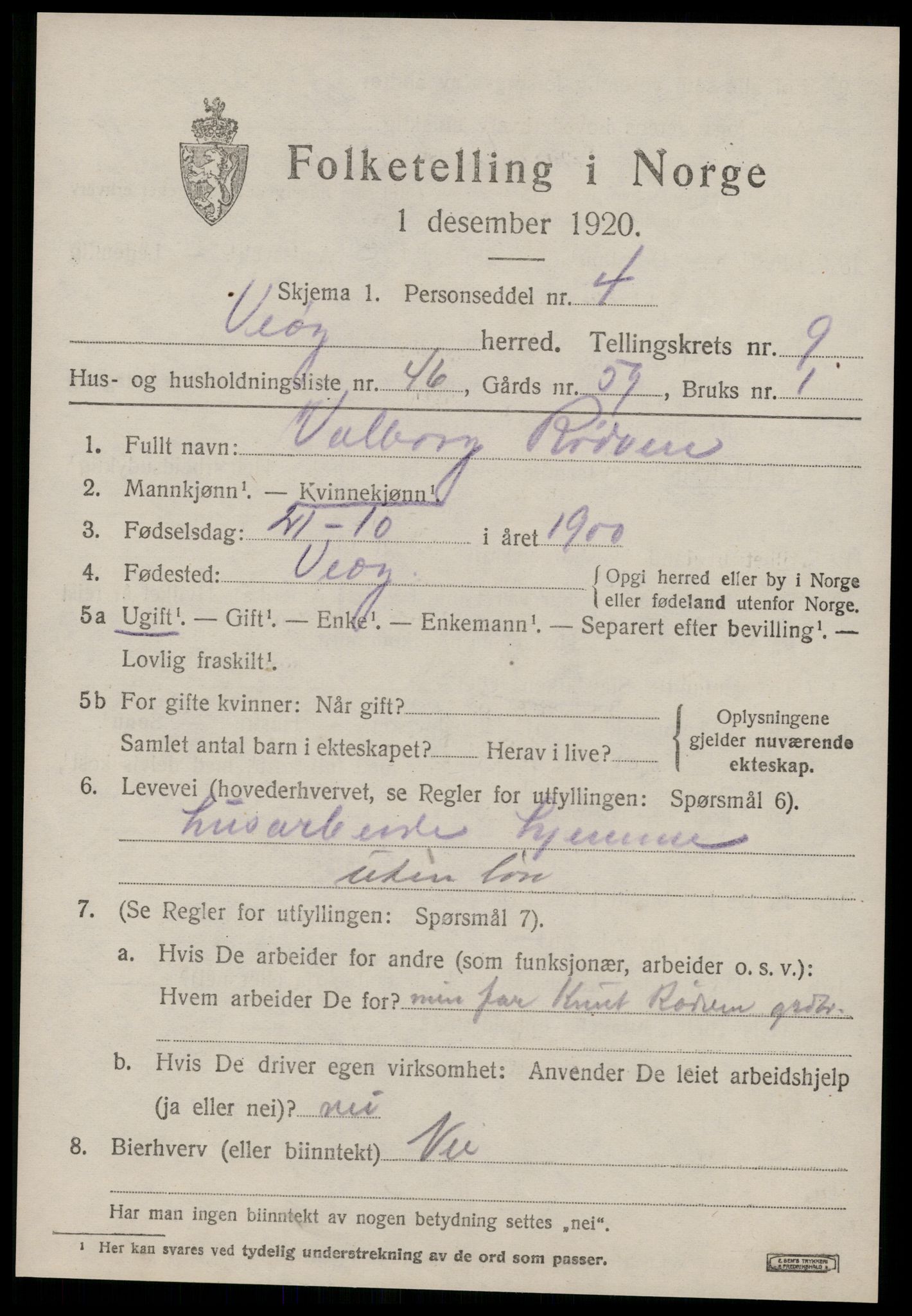 SAT, 1920 census for Veøy, 1920, p. 4701