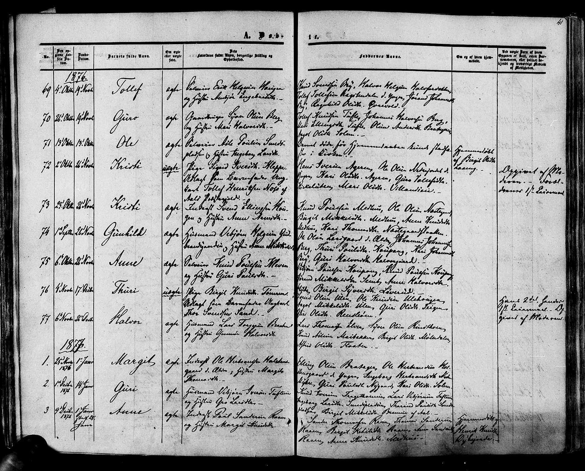 Hol kirkebøker, AV/SAKO-A-227/F/Fa/L0002: Parish register (official) no. I 2, 1870-1886, p. 41