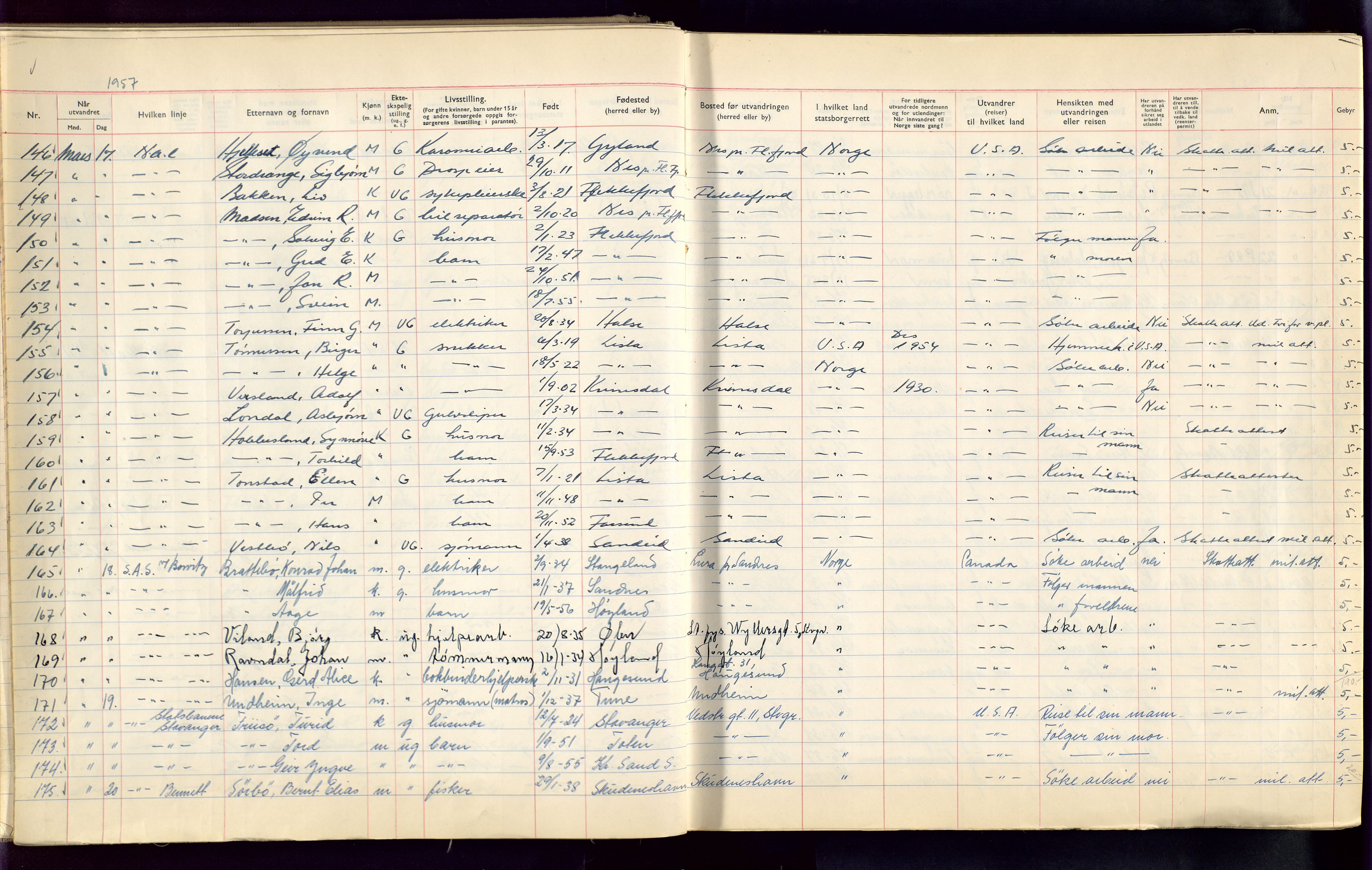 Stavanger politikammer, AV/SAST-A-100361/001/H/Hc/Hcc/L0002: Emigrantprotokoll, 1955-1970, p. 40