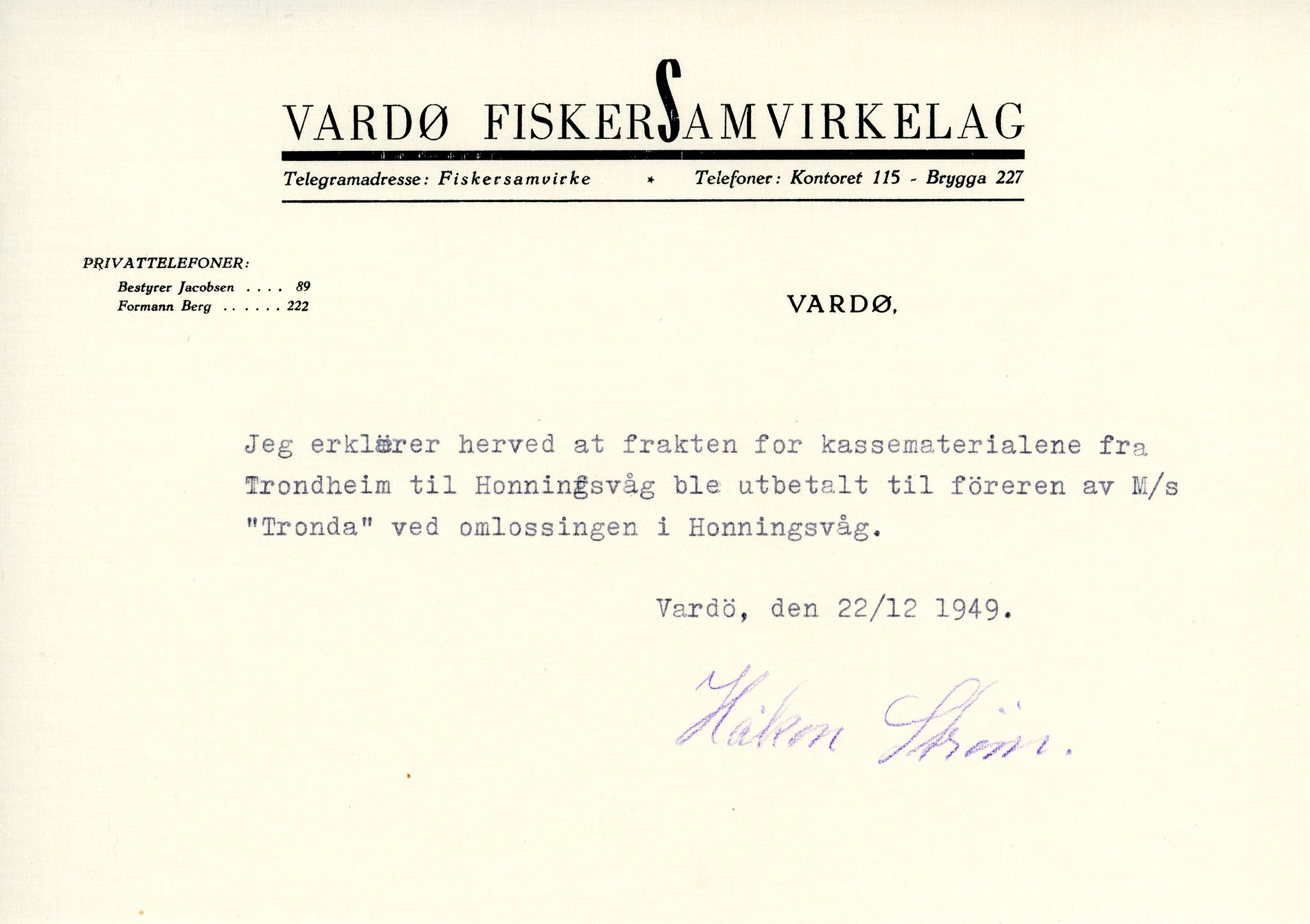 Vardø Fiskersamvirkelag, VAMU/A-0037/D/Da/L0003: Korrespondanse Fi-Kj, 1947-1950