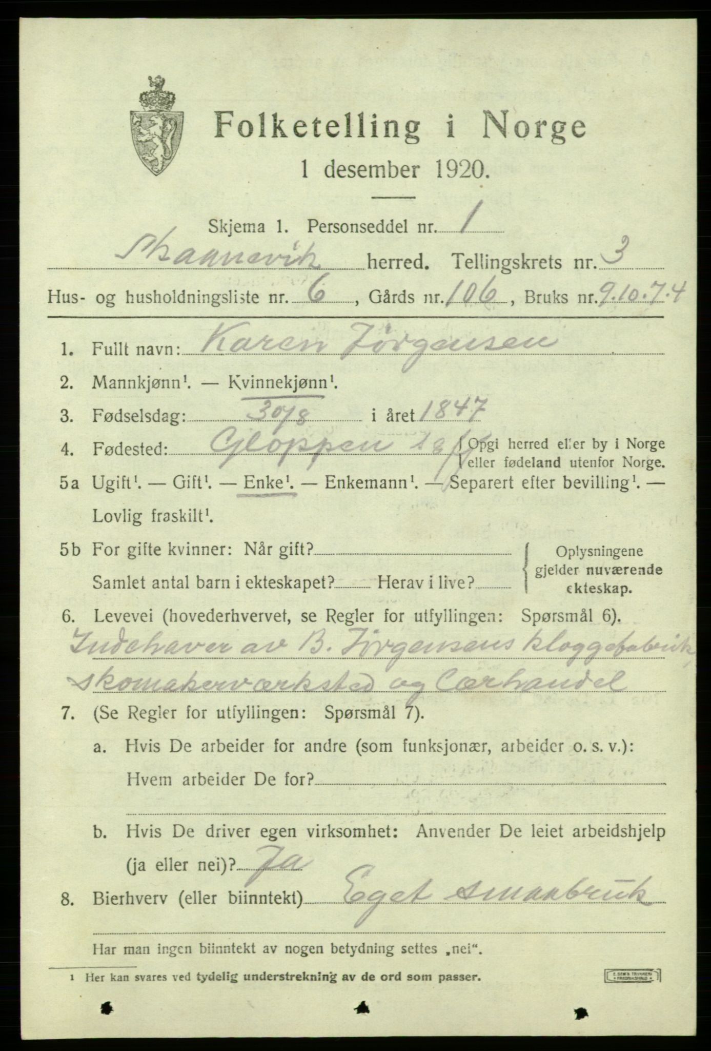 SAB, 1920 census for Skånevik, 1920, p. 2833