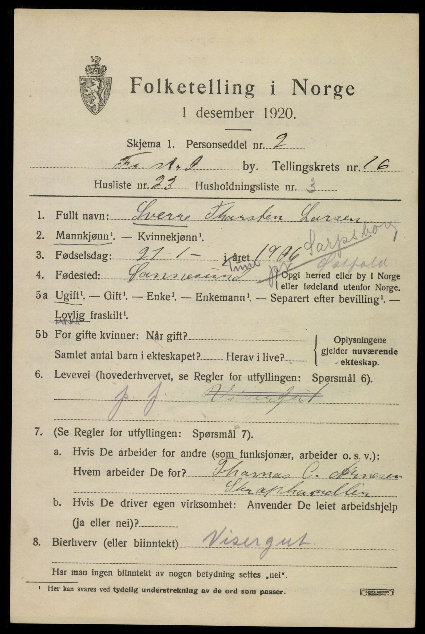 SAO, 1920 census for Fredrikstad, 1920, p. 37447