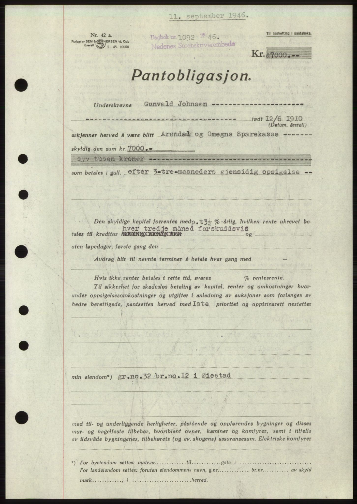 Nedenes sorenskriveri, SAK/1221-0006/G/Gb/Gbb/L0003: Mortgage book no. B3b, 1946-1946, Diary no: : 1092/1946