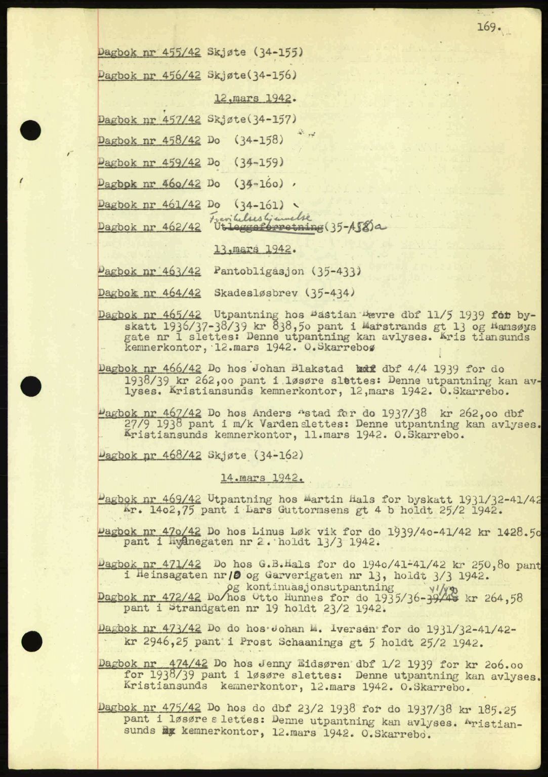 Kristiansund byfogd, SAT/A-4587/A/27: Mortgage book no. 32a, 1938-1946, Diary no: : 458/1942