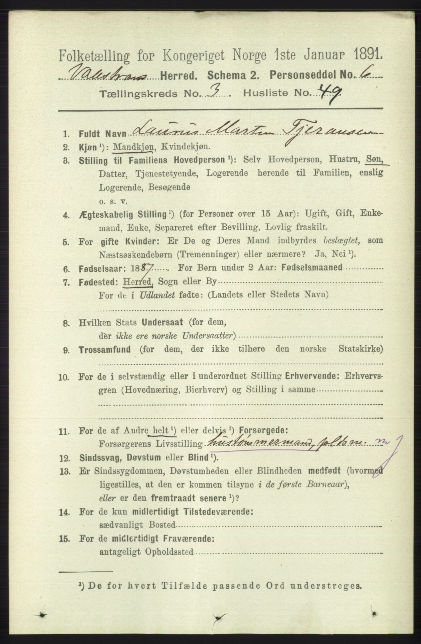 RA, 1891 census for 1217 Valestrand, 1891, p. 811