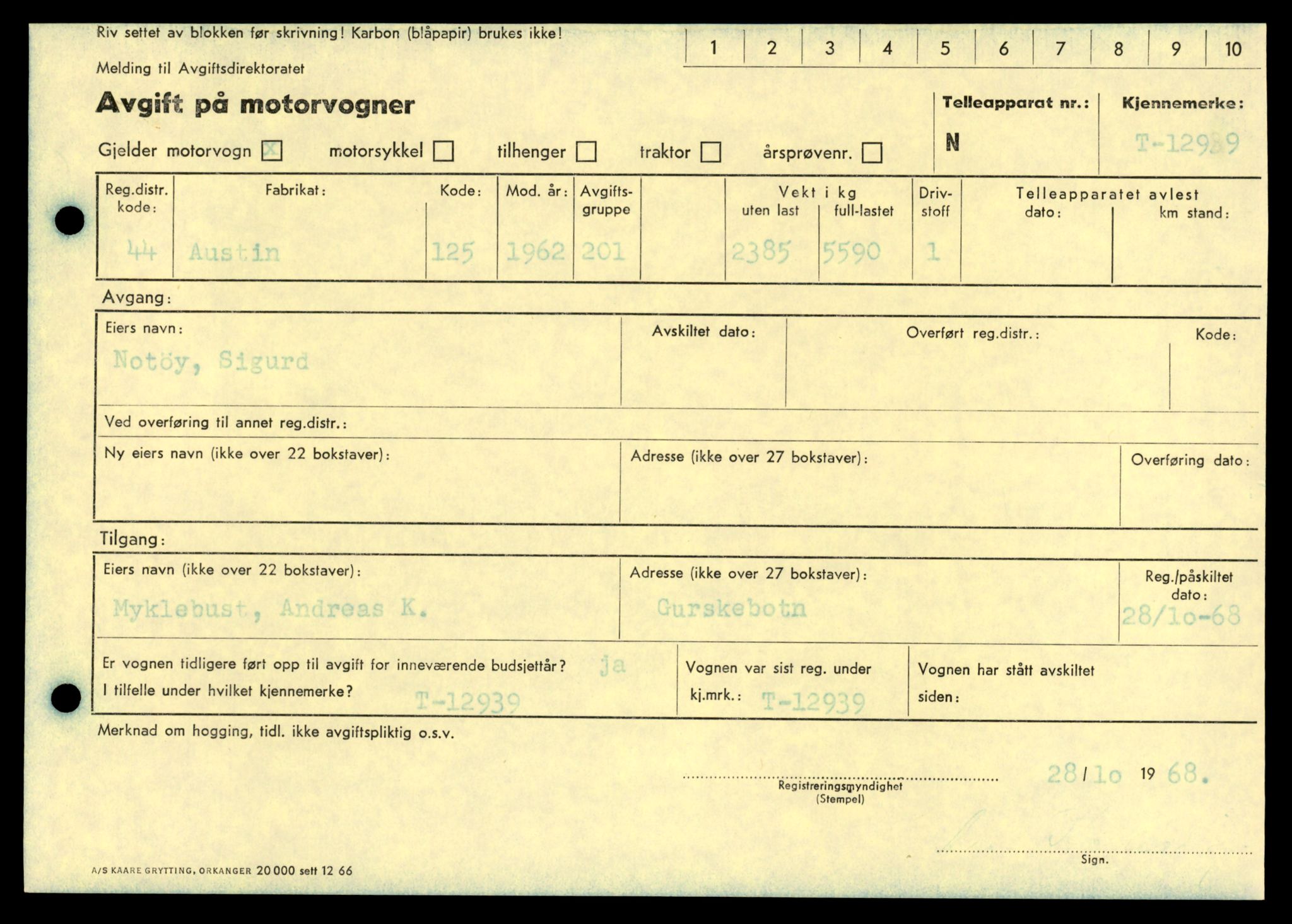 Møre og Romsdal vegkontor - Ålesund trafikkstasjon, AV/SAT-A-4099/F/Fe/L0036: Registreringskort for kjøretøy T 12831 - T 13030, 1927-1998, p. 1699