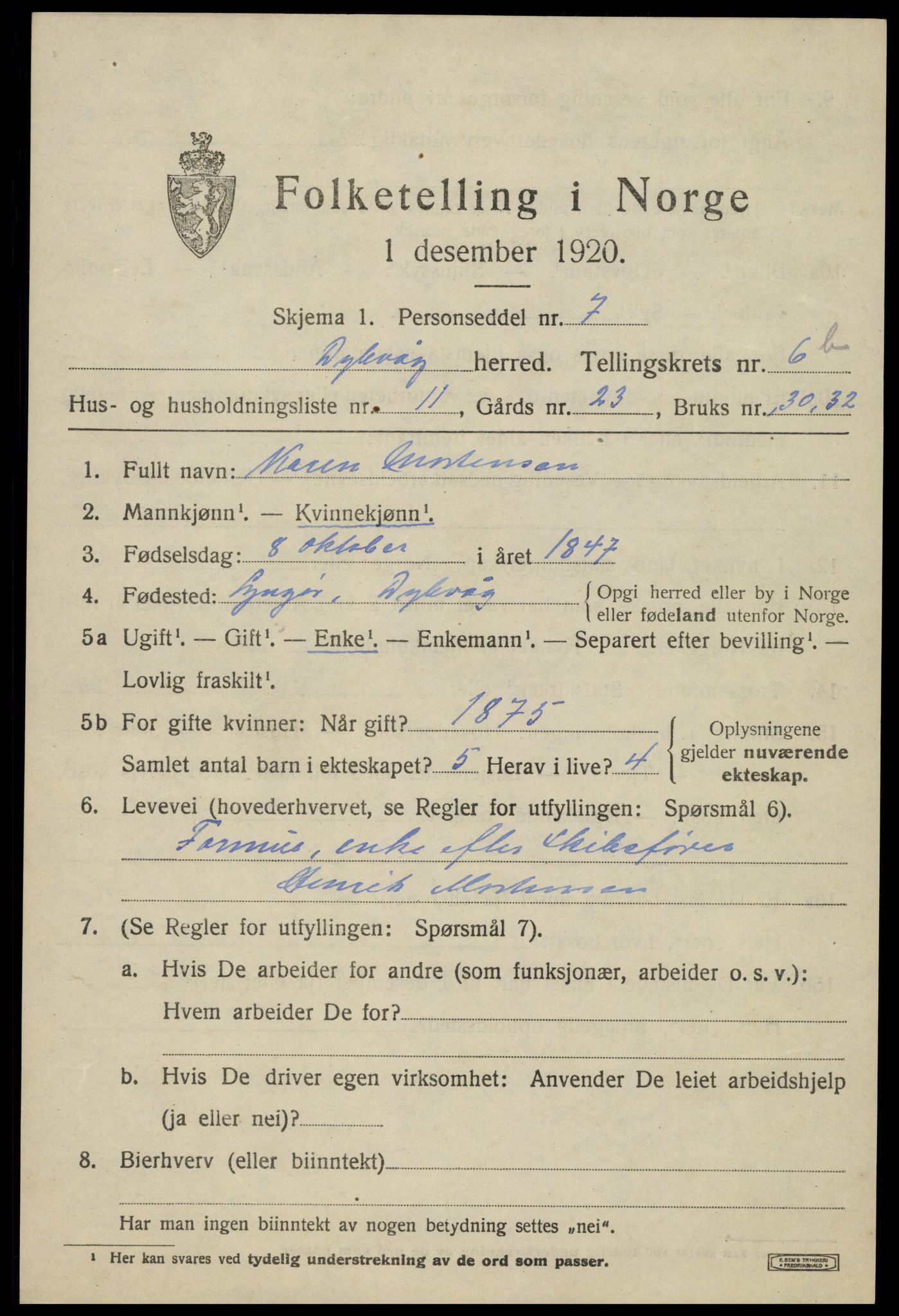 SAK, 1920 census for Dypvåg, 1920, p. 5539