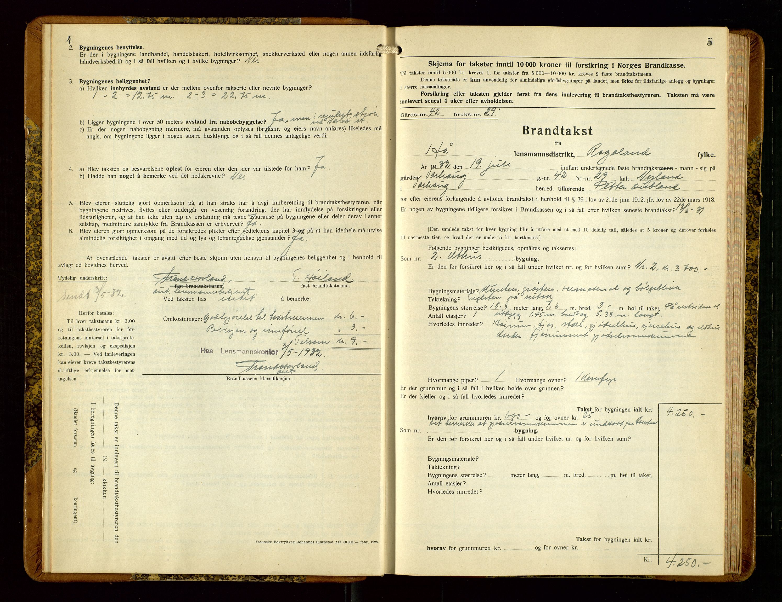 Hå lensmannskontor, AV/SAST-A-100456/Goa/L0006: Takstprotokoll (skjema), 1932-1938, p. 4-5