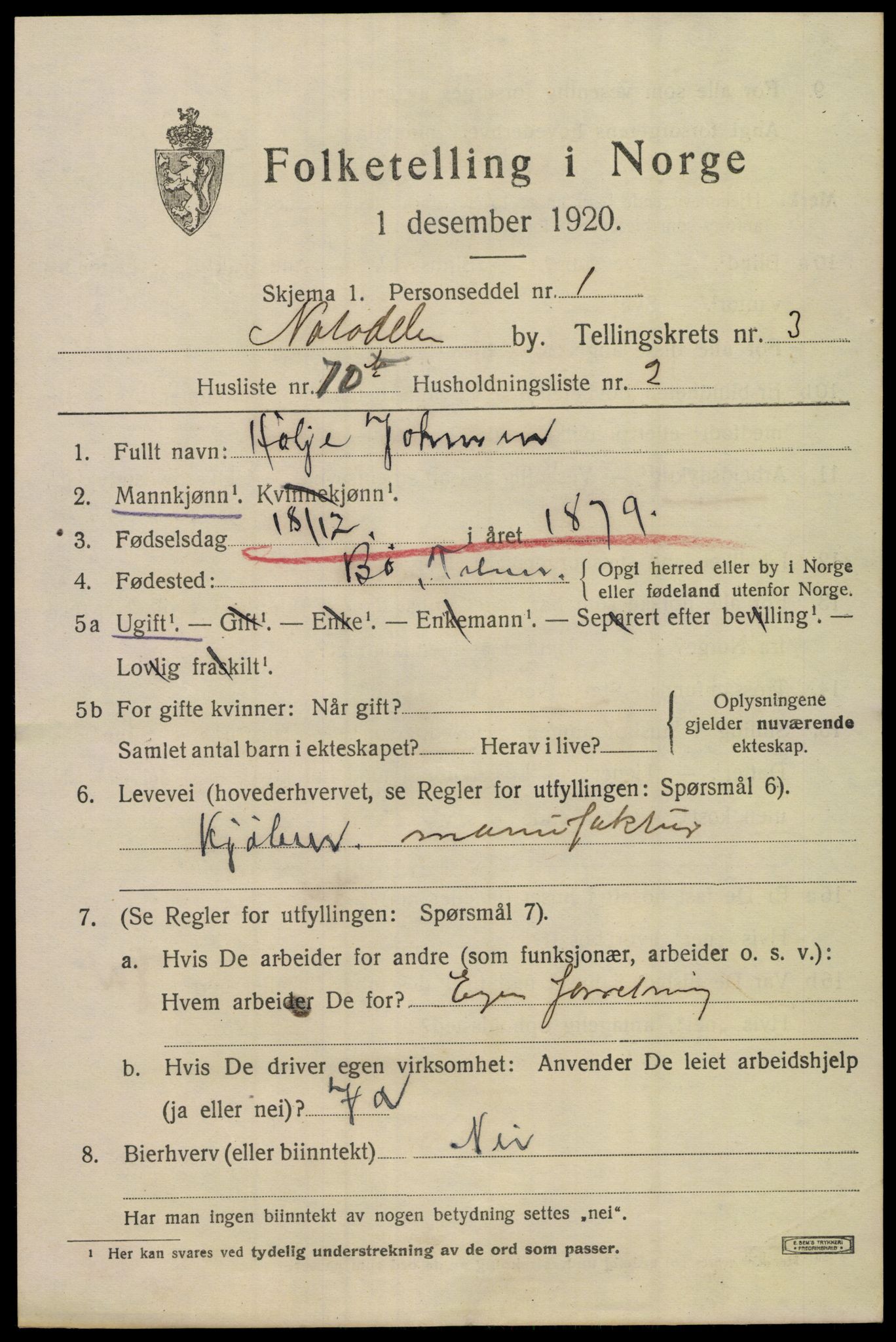 SAKO, 1920 census for Notodden, 1920, p. 9804