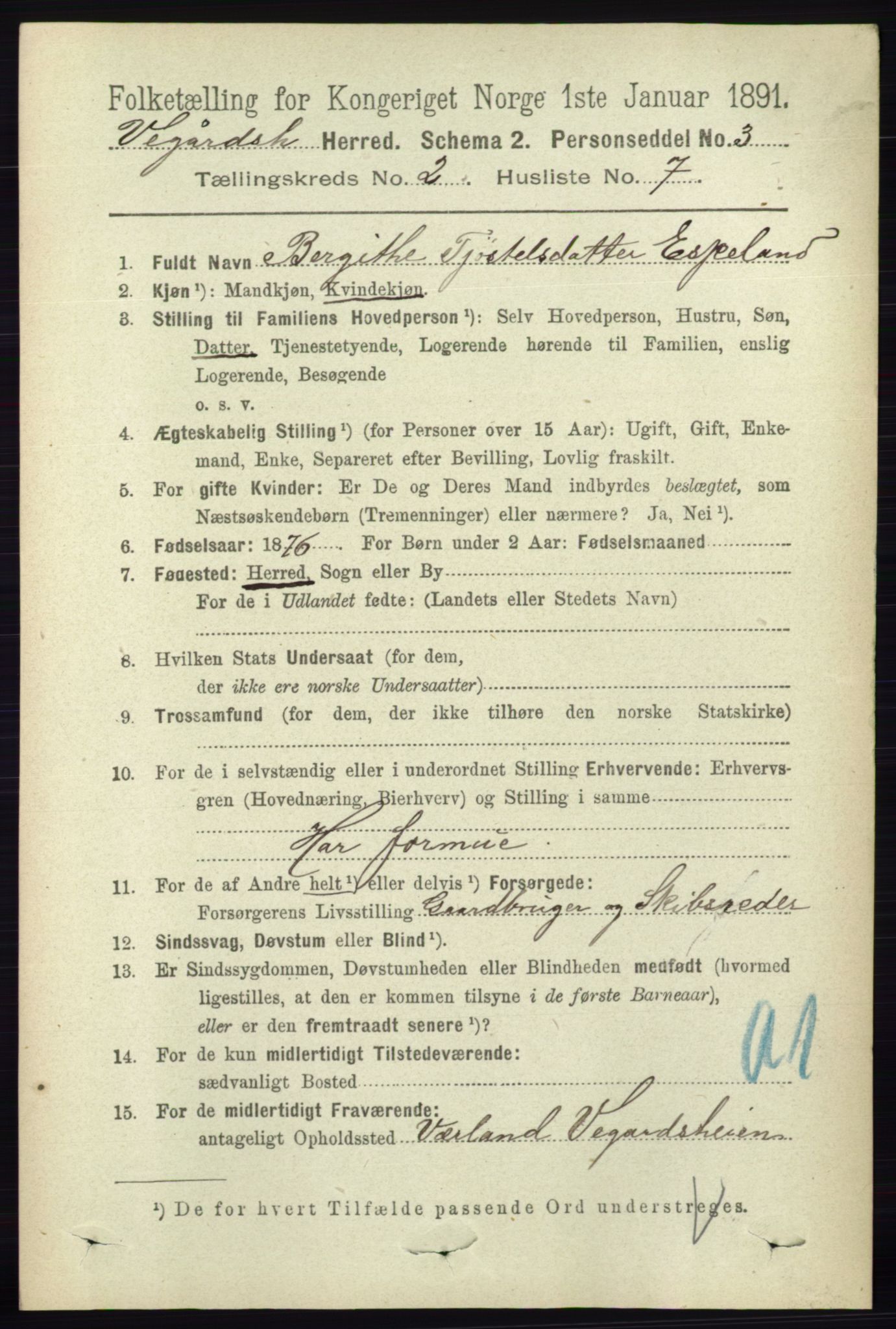 RA, 1891 census for 0912 Vegårshei, 1891, p. 418