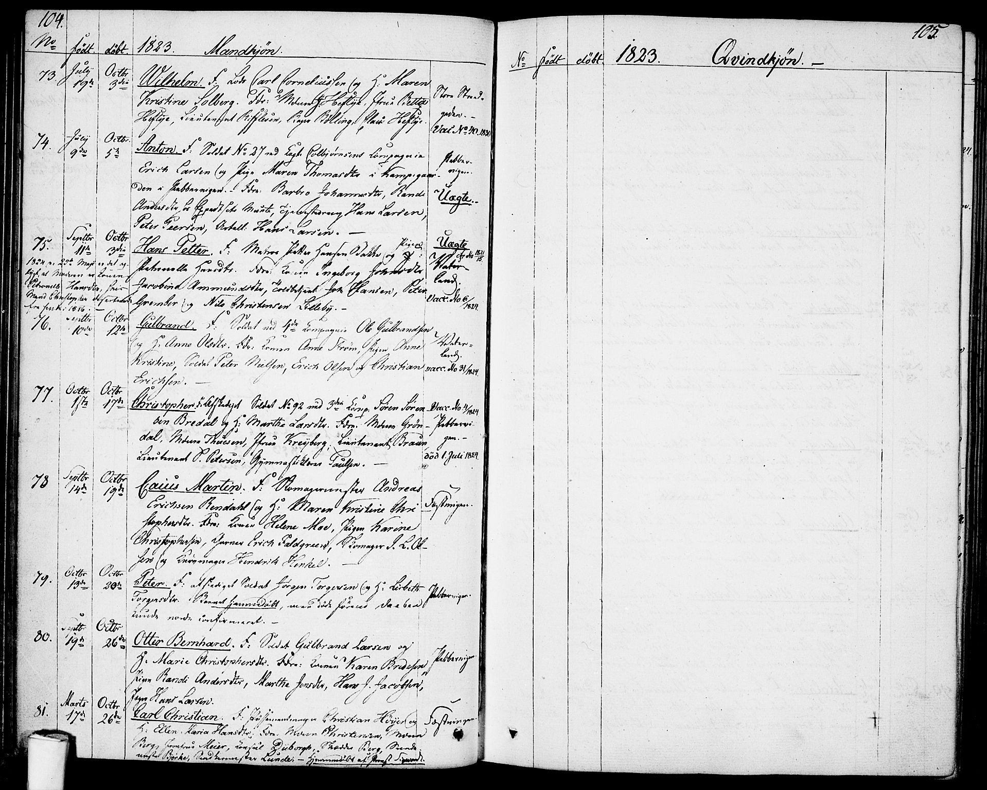 Garnisonsmenigheten Kirkebøker, SAO/A-10846/F/Fa/L0004: Parish register (official) no. 4, 1820-1828, p. 104-105