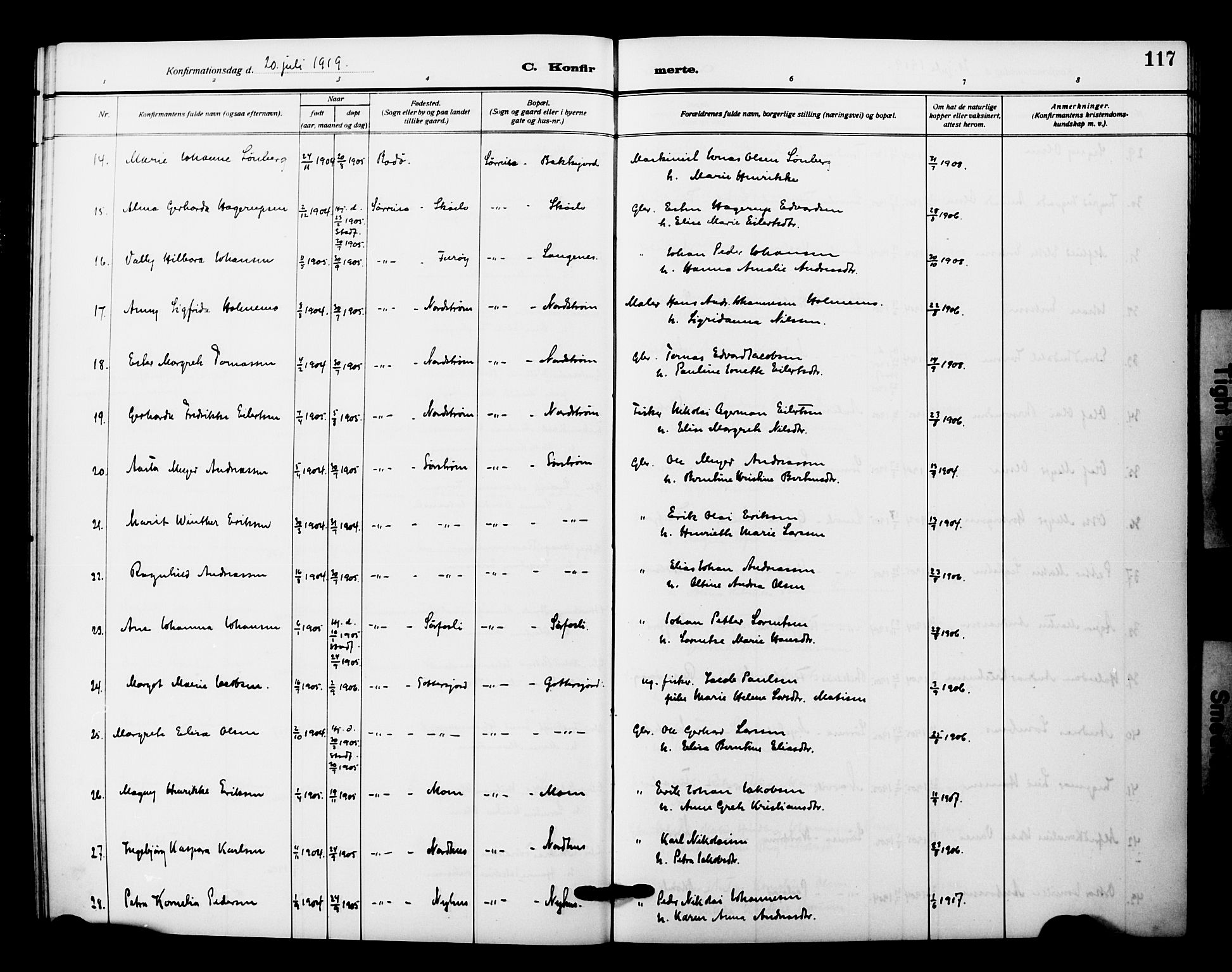 Tranøy sokneprestkontor, AV/SATØ-S-1313/I/Ia/Iab/L0023klokker: Parish register (copy) no. 23, 1913-1928, p. 117