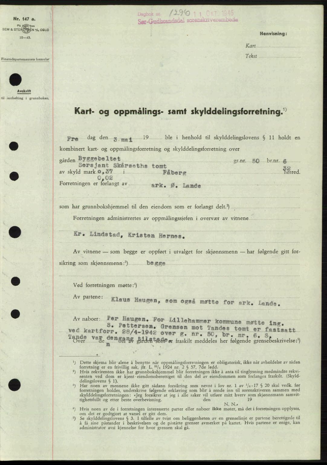 Sør-Gudbrandsdal tingrett, SAH/TING-004/H/Hb/Hbd/L0016: Mortgage book no. A16, 1946-1946, Diary no: : 1296/1946