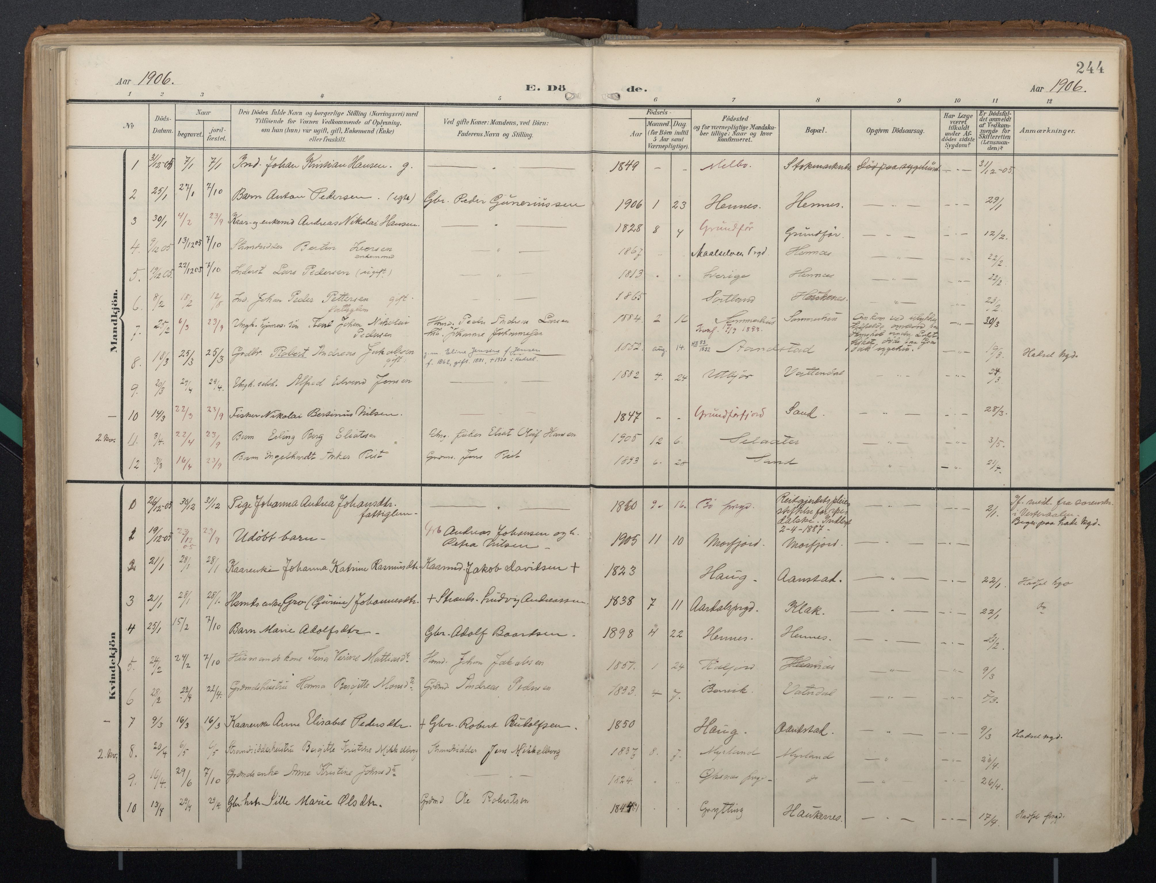 Ministerialprotokoller, klokkerbøker og fødselsregistre - Nordland, AV/SAT-A-1459/888/L1248: Parish register (official) no. 888A14, 1904-1913, p. 244