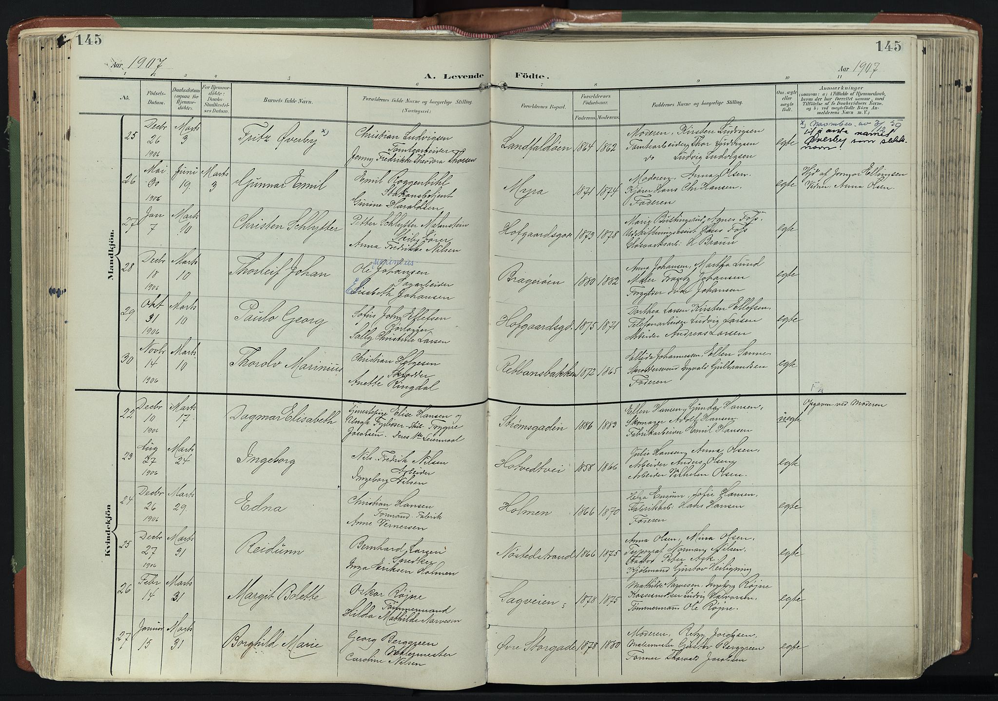Bragernes kirkebøker, SAKO/A-6/F/Fb/L0009: Parish register (official) no. II 9, 1902-1911, p. 145
