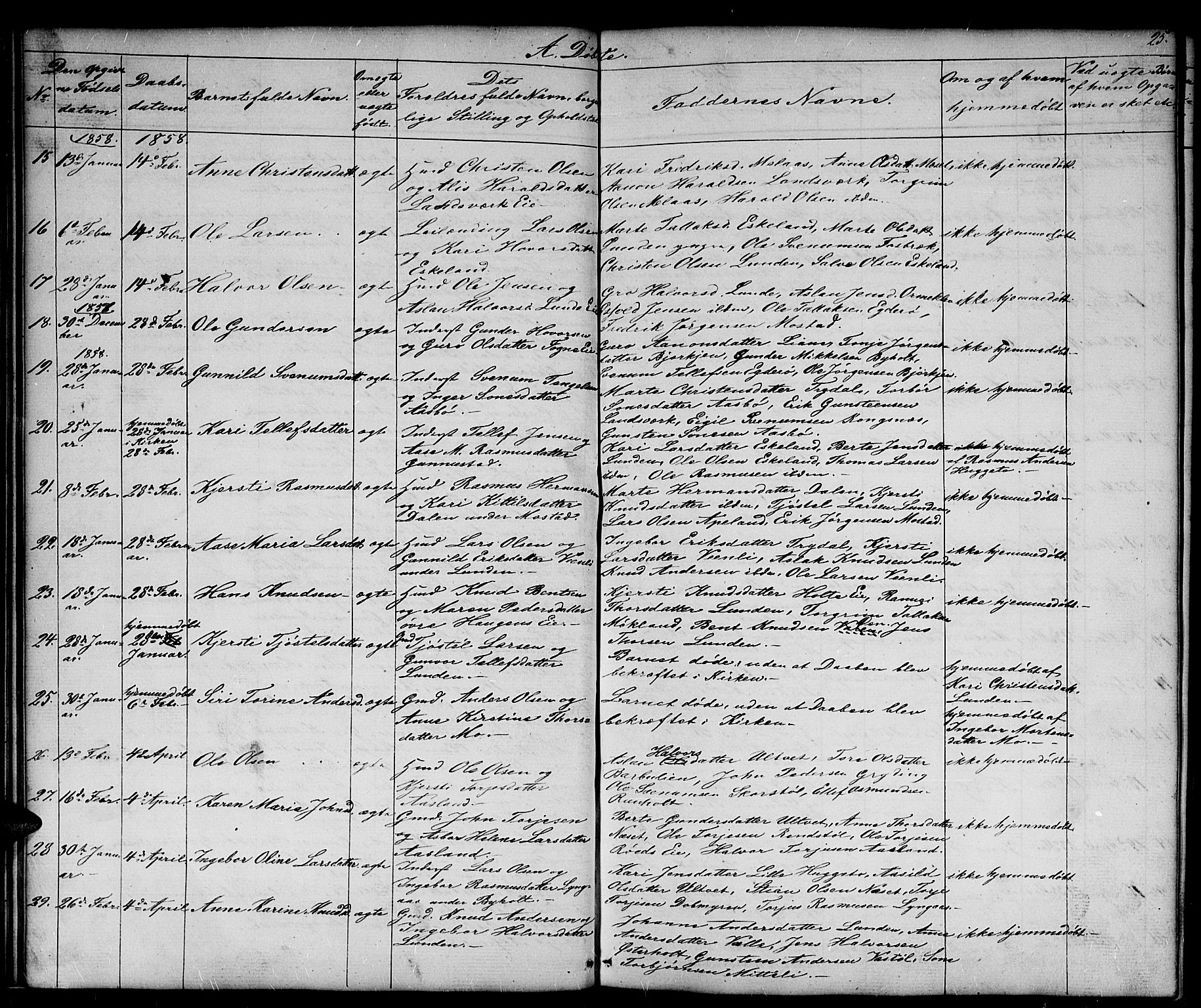 Gjerstad sokneprestkontor, SAK/1111-0014/F/Fb/Fba/L0005: Parish register (copy) no. B 5, 1853-1867, p. 25