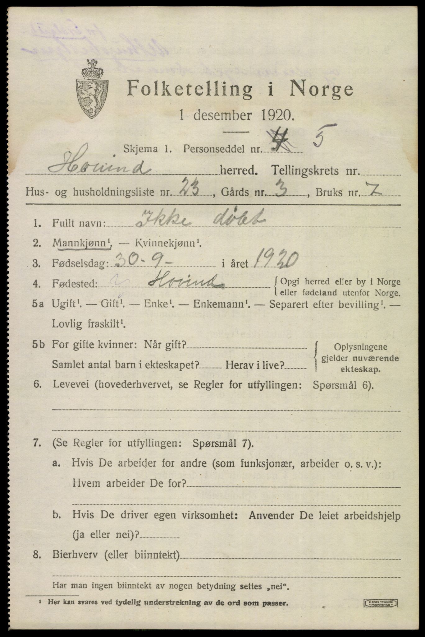 SAKO, 1920 census for Hovin, 1920, p. 983