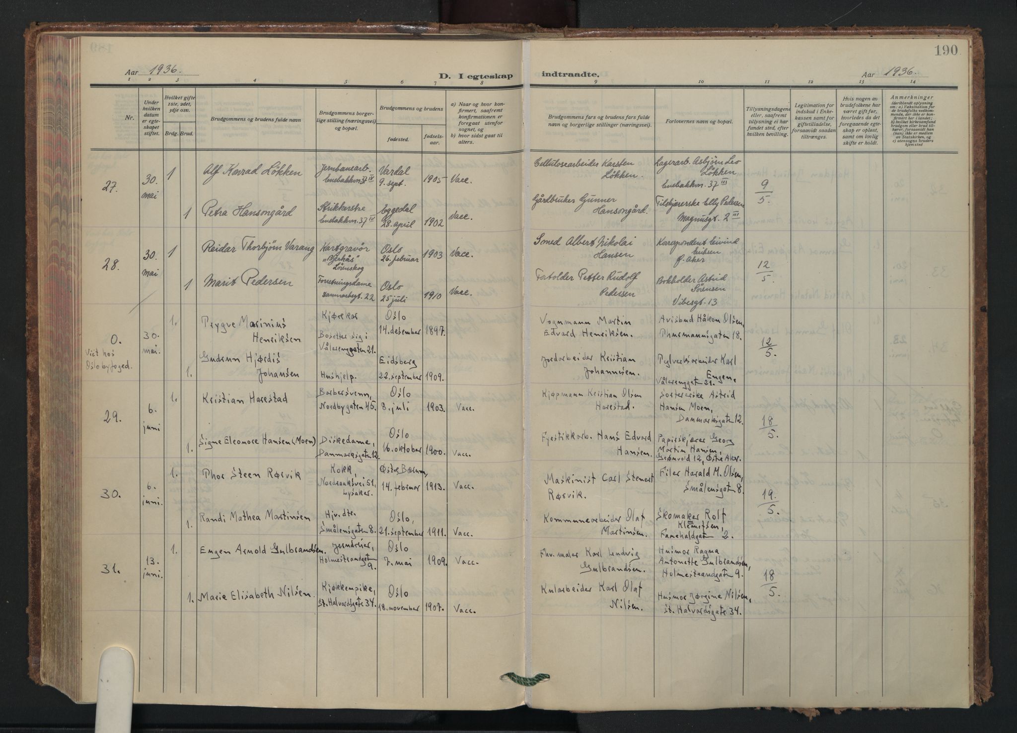 Vålerengen prestekontor Kirkebøker, AV/SAO-A-10878/F/Fa/L0005: Parish register (official) no. 5, 1924-1936, p. 190