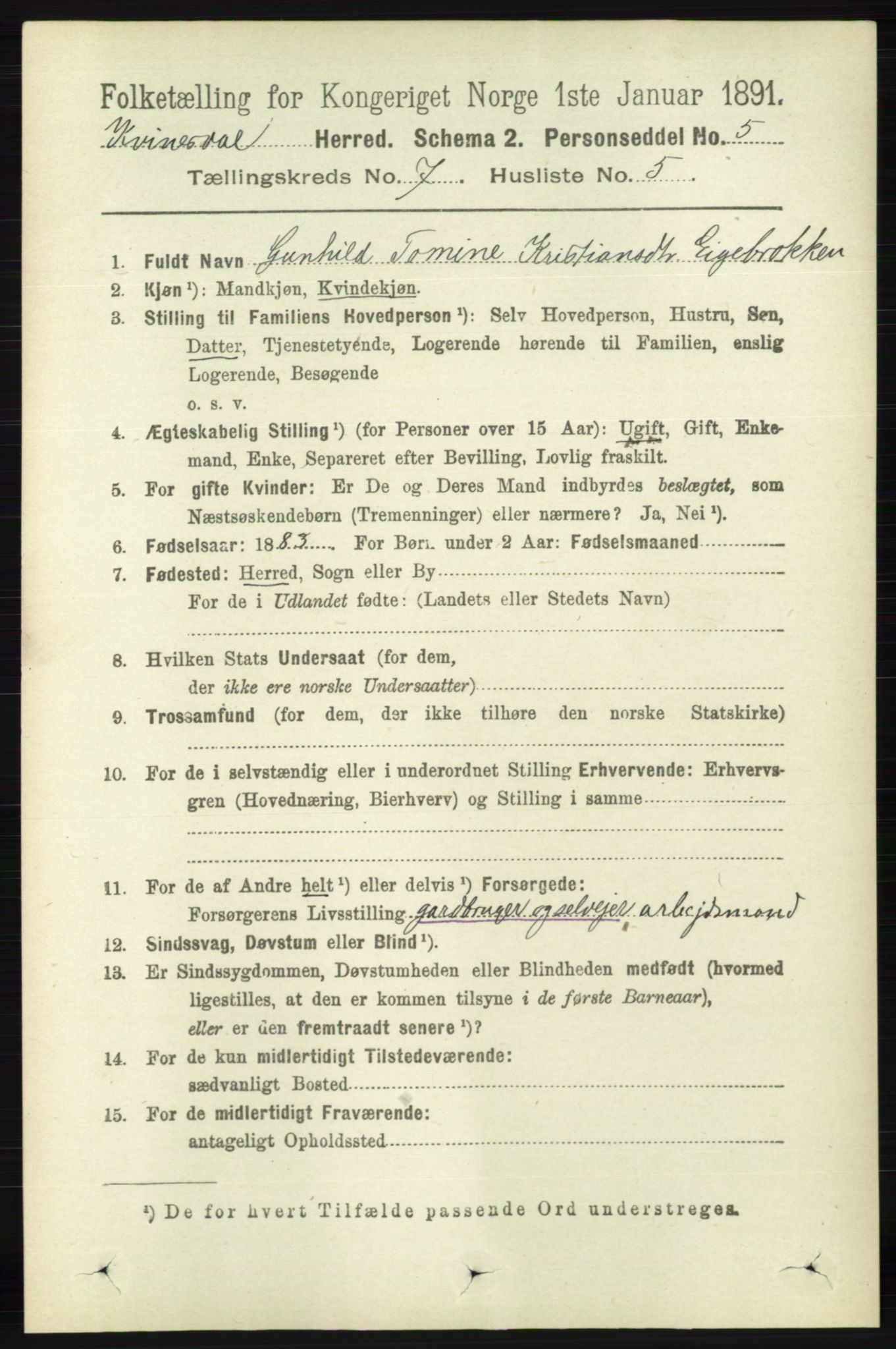 RA, 1891 census for 1037 Kvinesdal, 1891, p. 2450