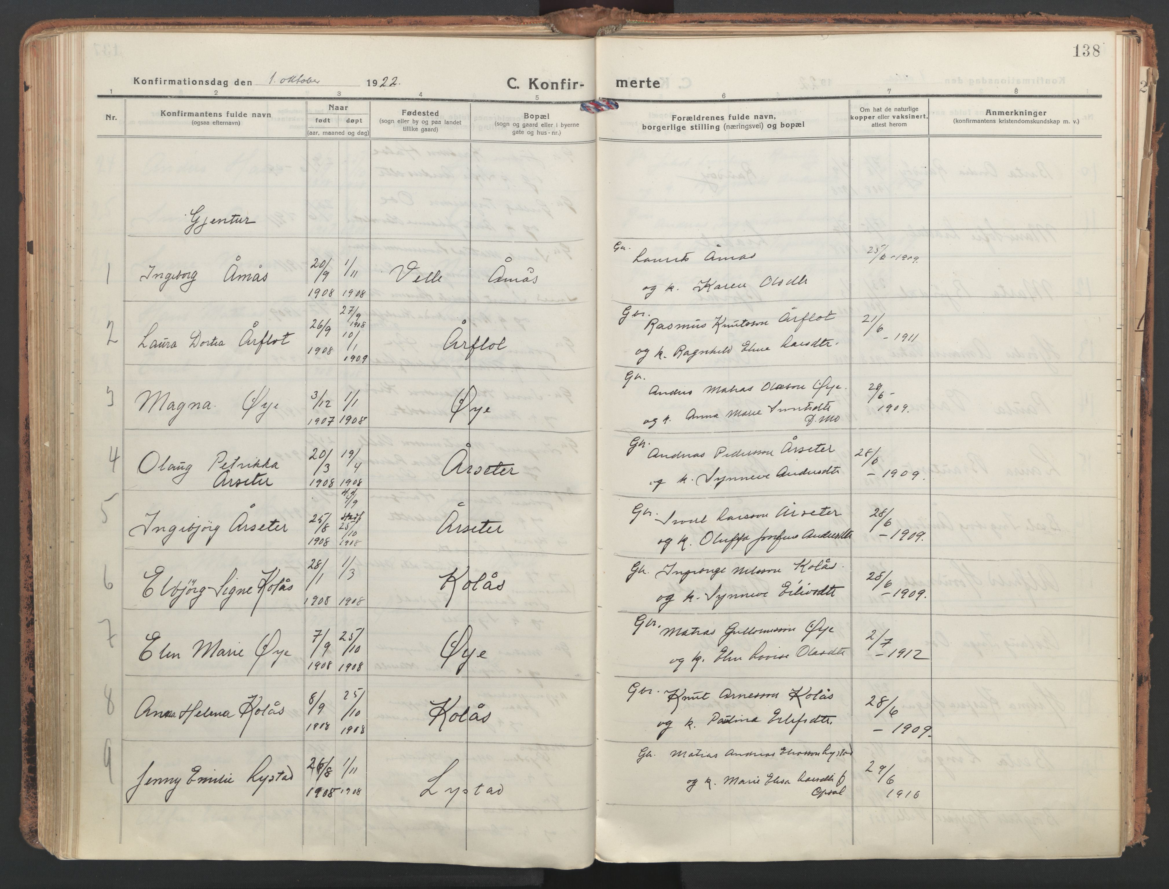 Ministerialprotokoller, klokkerbøker og fødselsregistre - Møre og Romsdal, AV/SAT-A-1454/513/L0180: Parish register (official) no. 513A07, 1919-1929, p. 138