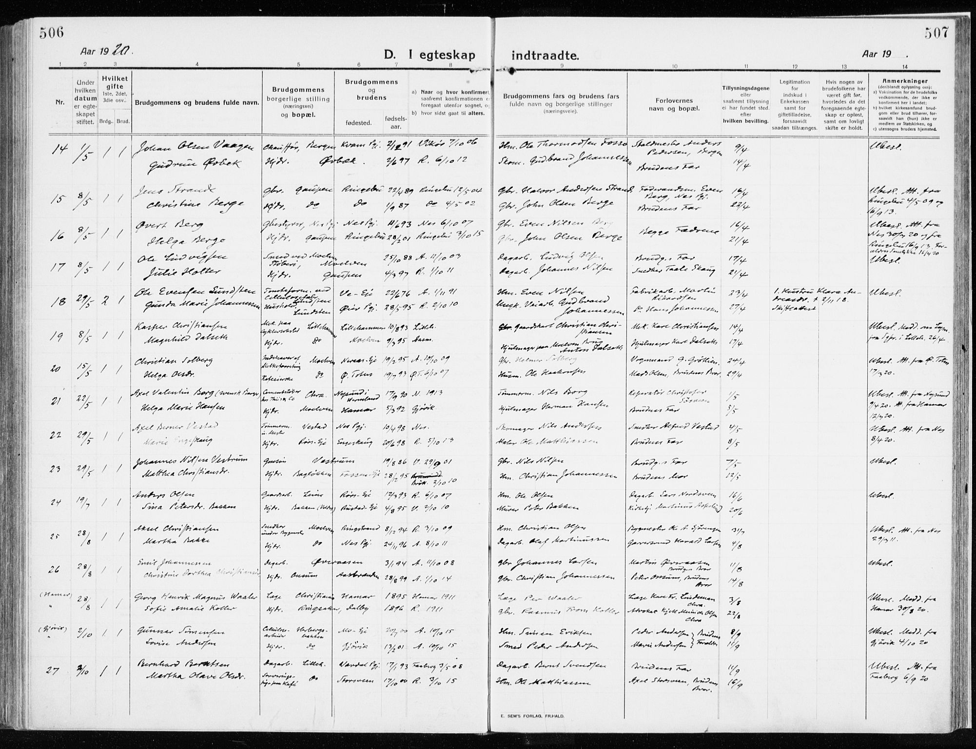 Ringsaker prestekontor, AV/SAH-PREST-014/K/Ka/L0020: Parish register (official) no. 20, 1913-1922, p. 506-507