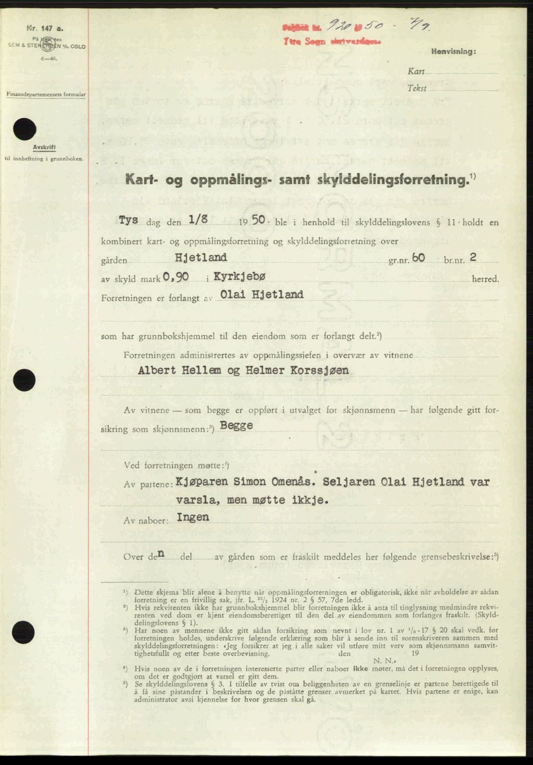 Ytre Sogn tingrett, SAB/A-2601/1/G/Gbb/L0009: Mortgage book no. A6 - A7 (B4), 1950-1950, Diary no: : 920/1950