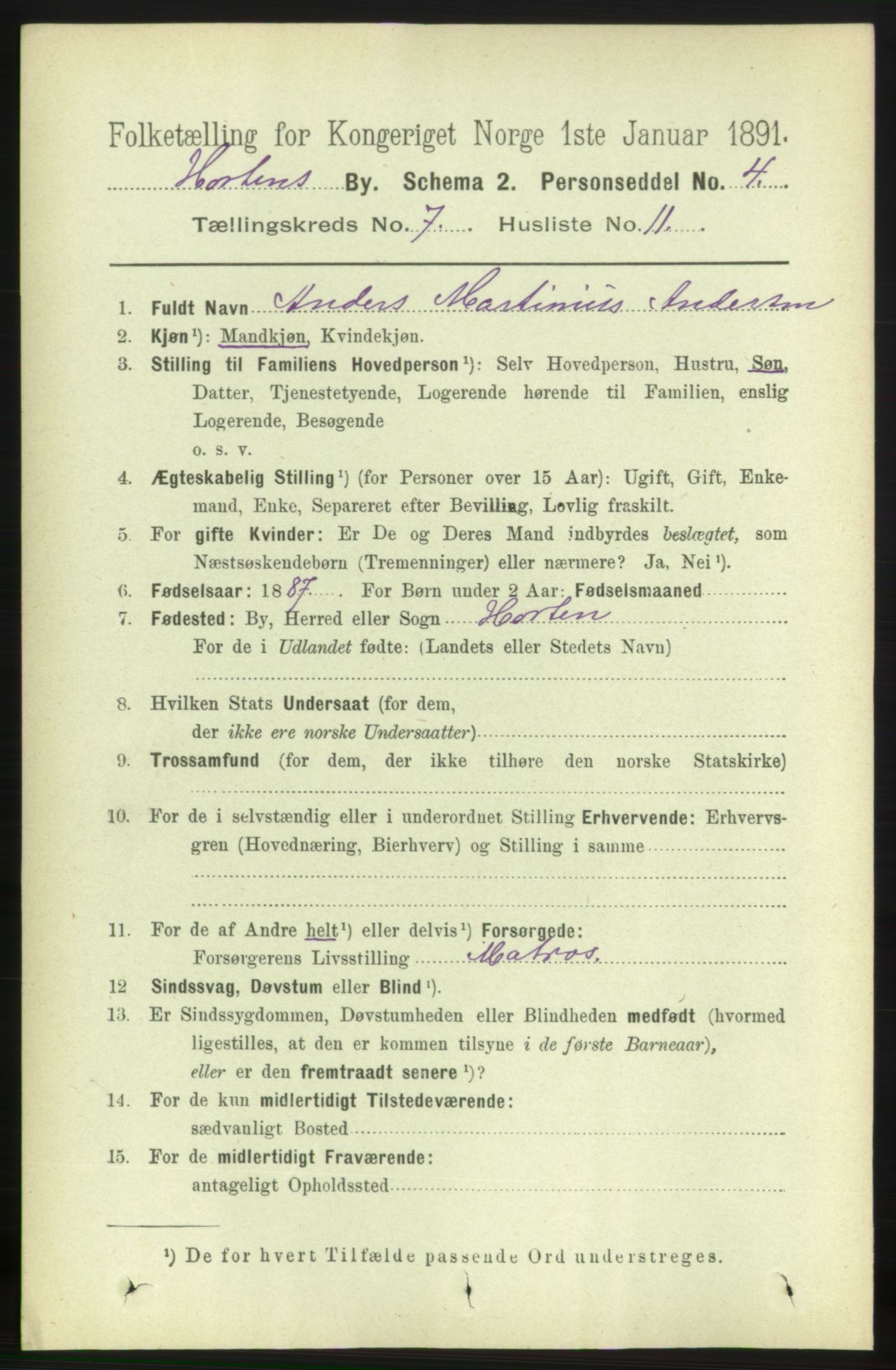 RA, 1891 census for 0703 Horten, 1891, p. 4491