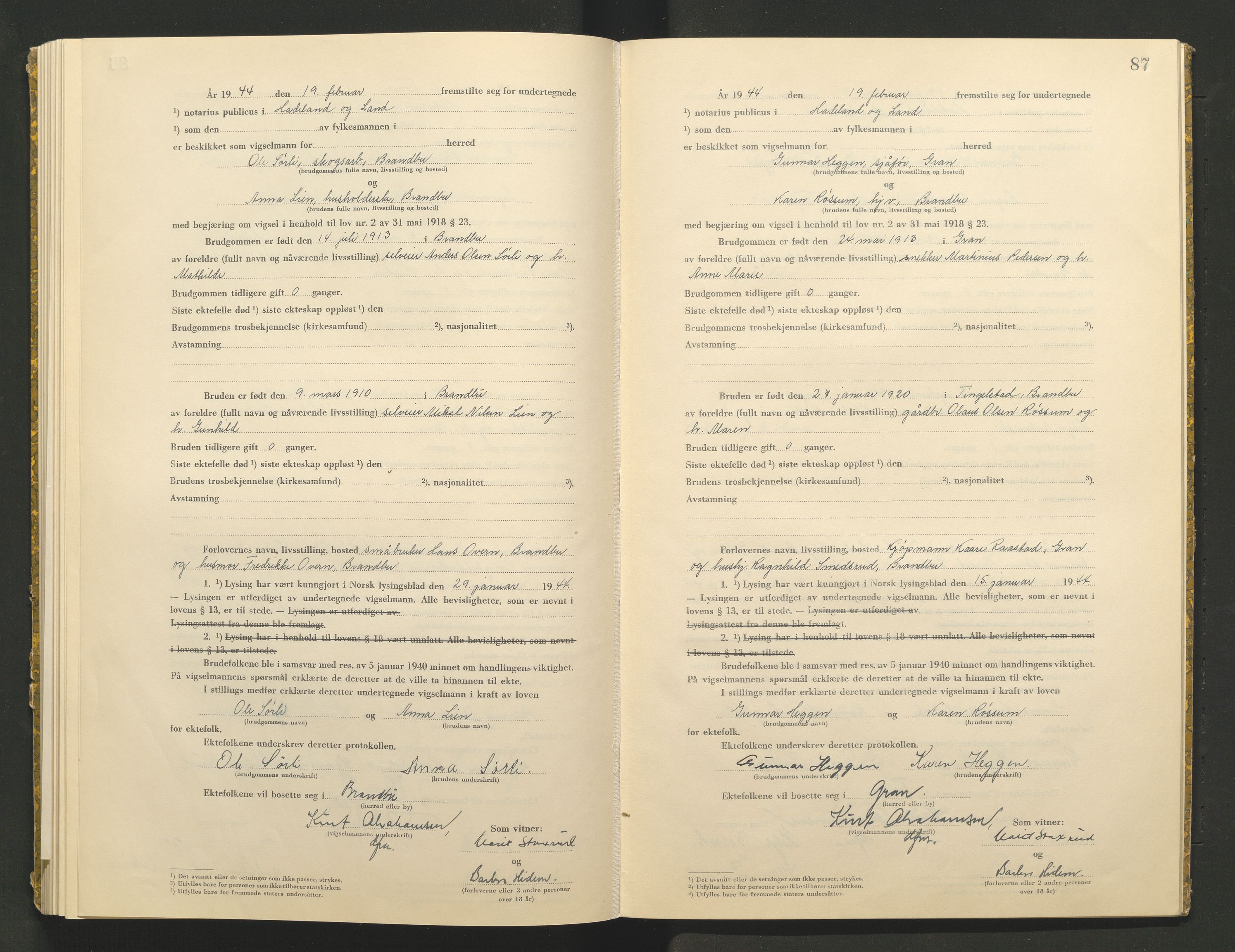 Hadeland og Land tingrett, AV/SAH-TING-010/L/Lb/L0002: Vigselbok, 1943-1944, p. 87