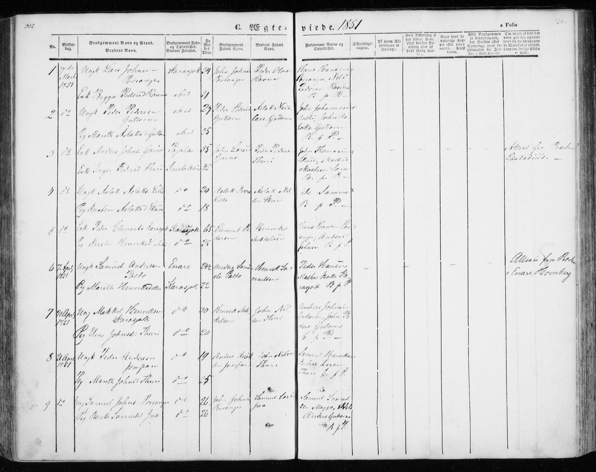 Kistrand/Porsanger sokneprestembete, AV/SATØ-S-1351/H/Ha/L0012.kirke: Parish register (official) no. 12, 1843-1871, p. 312-313