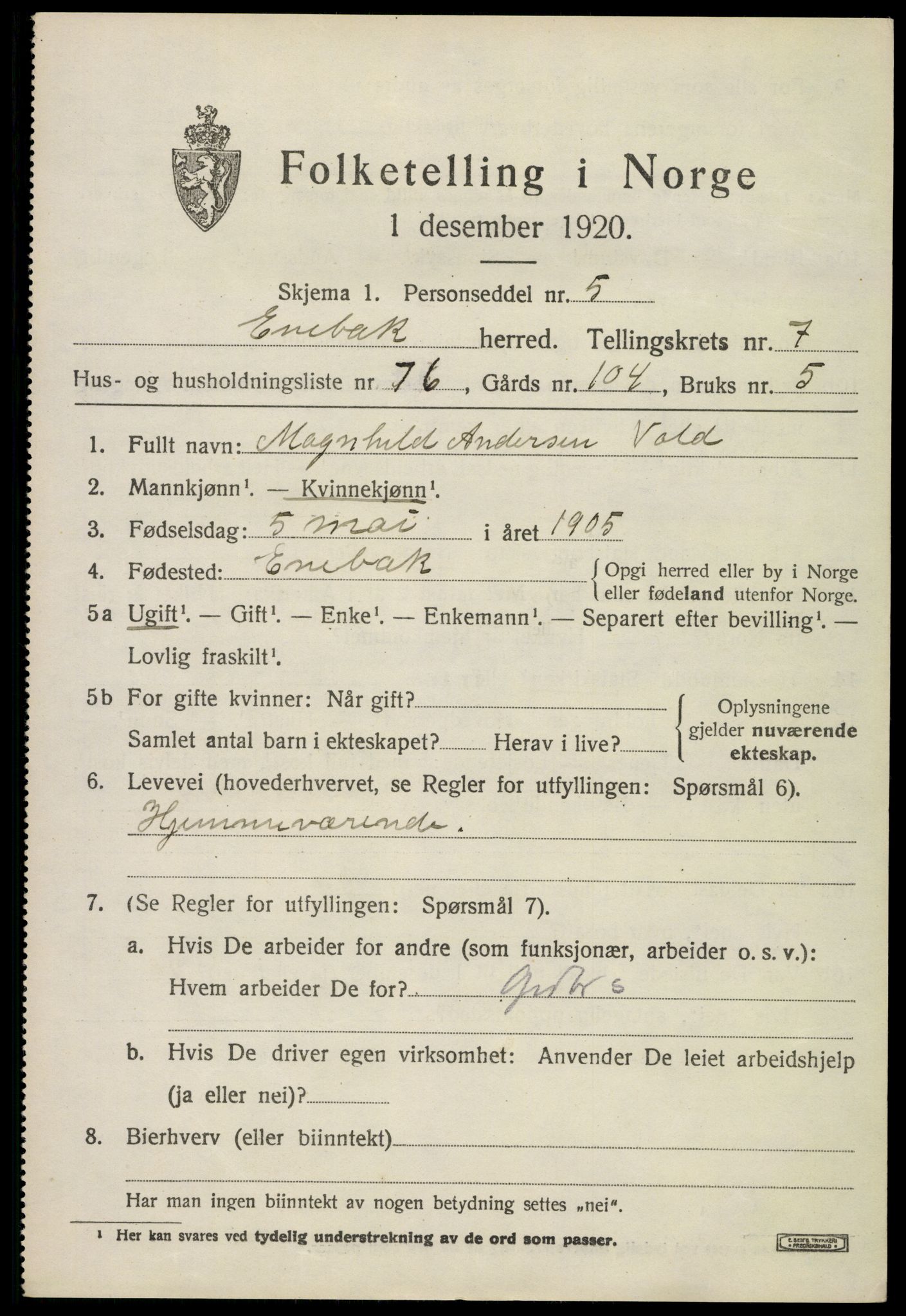 SAO, 1920 census for Enebakk, 1920, p. 6985