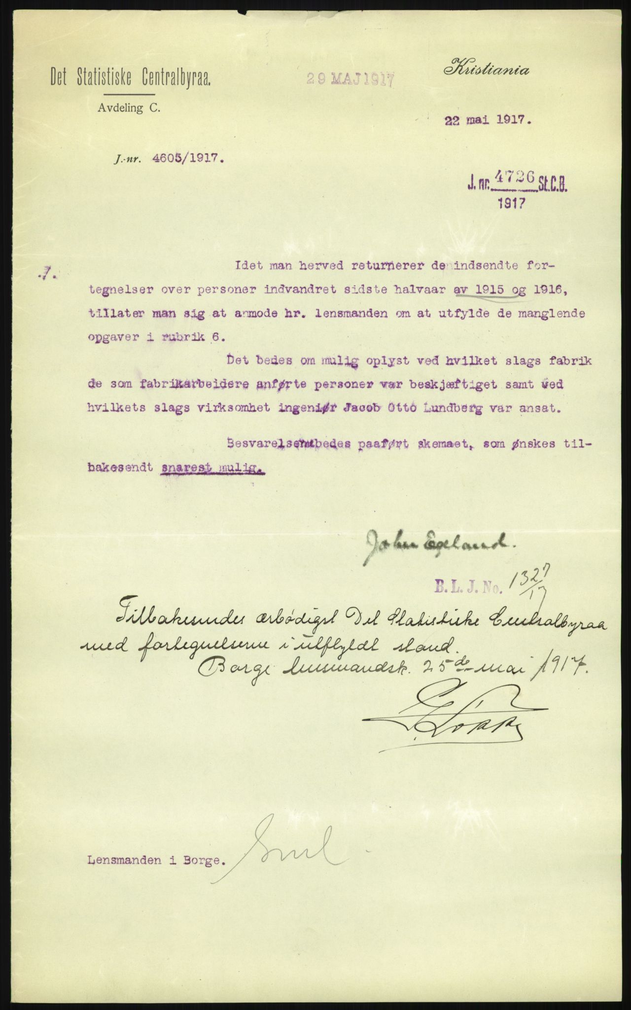 Statistisk sentralbyrå, Sosioøkonomiske emner, Folketellinger, boliger og boforhold, AV/RA-S-2231/F/Fa/L0001: Innvandring. Navn/fylkesvis, 1915, p. 47