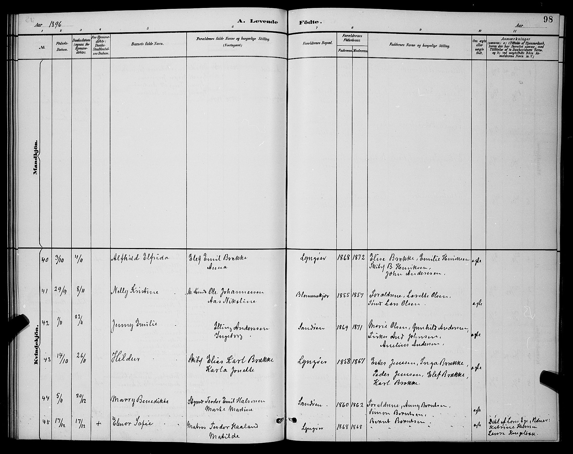 Dypvåg sokneprestkontor, SAK/1111-0007/F/Fb/Fba/L0013: Parish register (copy) no. B 13, 1887-1900, p. 98