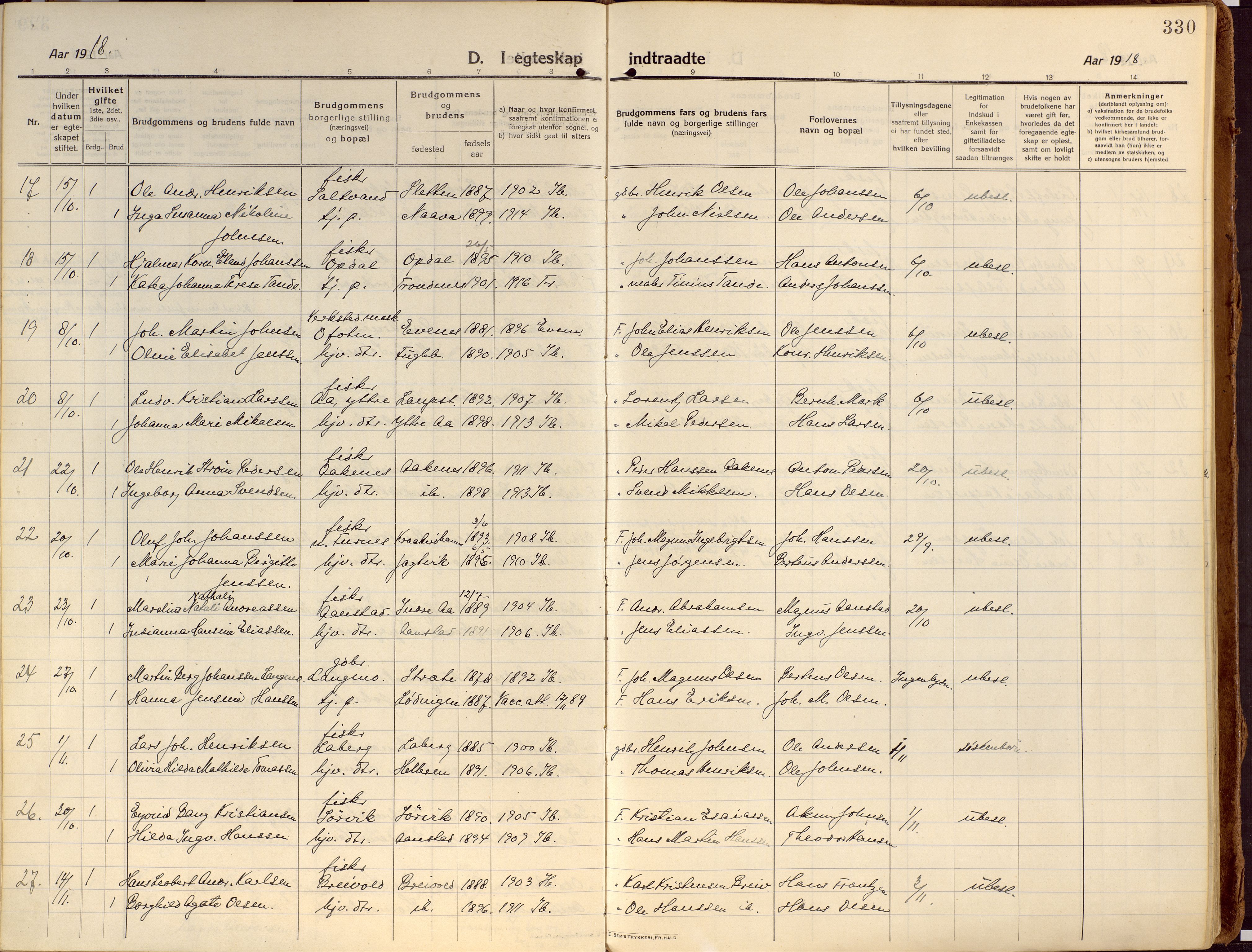 Ibestad sokneprestembete, SATØ/S-0077/H/Ha/Haa/L0018kirke: Parish register (official) no. 18, 1915-1929, p. 330