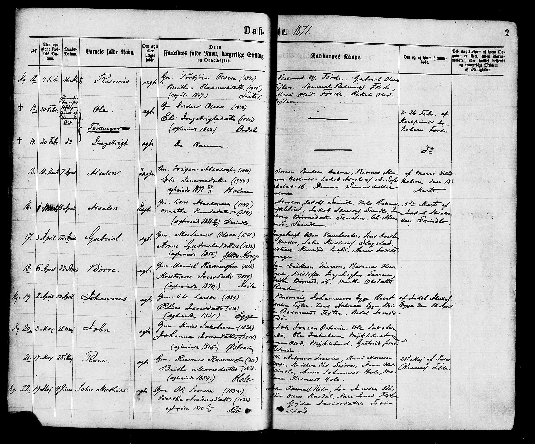 Gloppen sokneprestembete, AV/SAB-A-80101/H/Haa/Haaa/L0010: Parish register (official) no. A 10, 1871-1884, p. 2