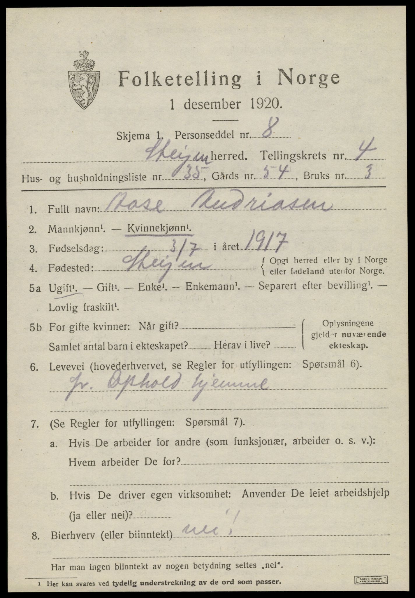 SAT, 1920 census for Steigen, 1920, p. 1936