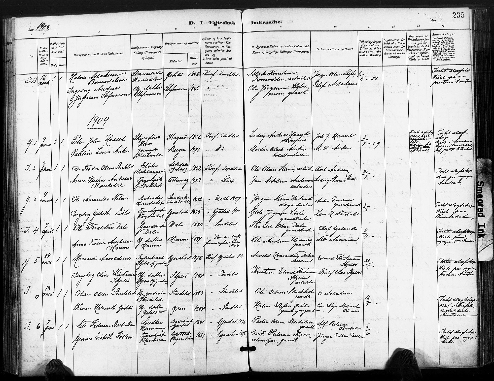Søndeled sokneprestkontor, SAK/1111-0038/F/Fa/L0006: Parish register (official) no. A 6, 1900-1922, p. 235
