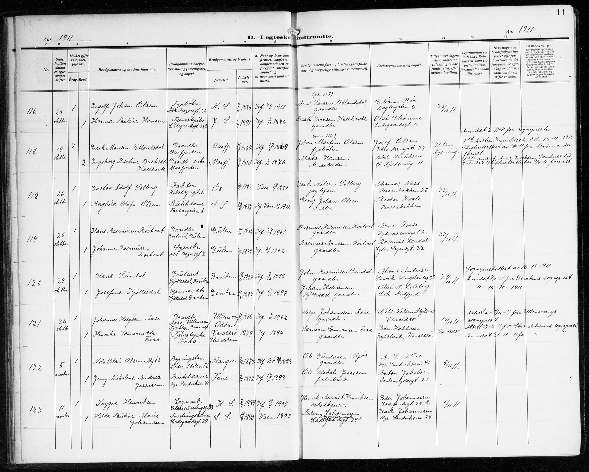 Sandviken Sokneprestembete, SAB/A-77601/H/Ha/L0015: Parish register (official) no. D 2, 1911-1923, p. 11